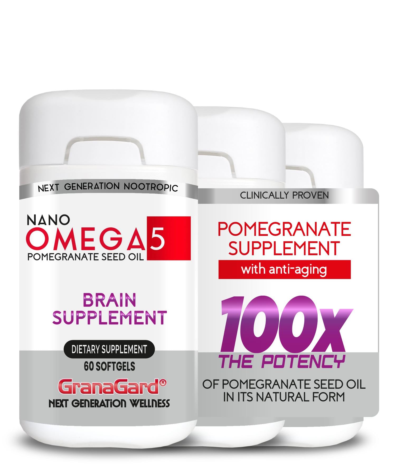 CLINICALLY Proven (3-Month Supply) Brain Supplements with Anti Aging, Memory Pills, Omega 5 Pomegranate Supplement, 3 Bottles 60ct Each