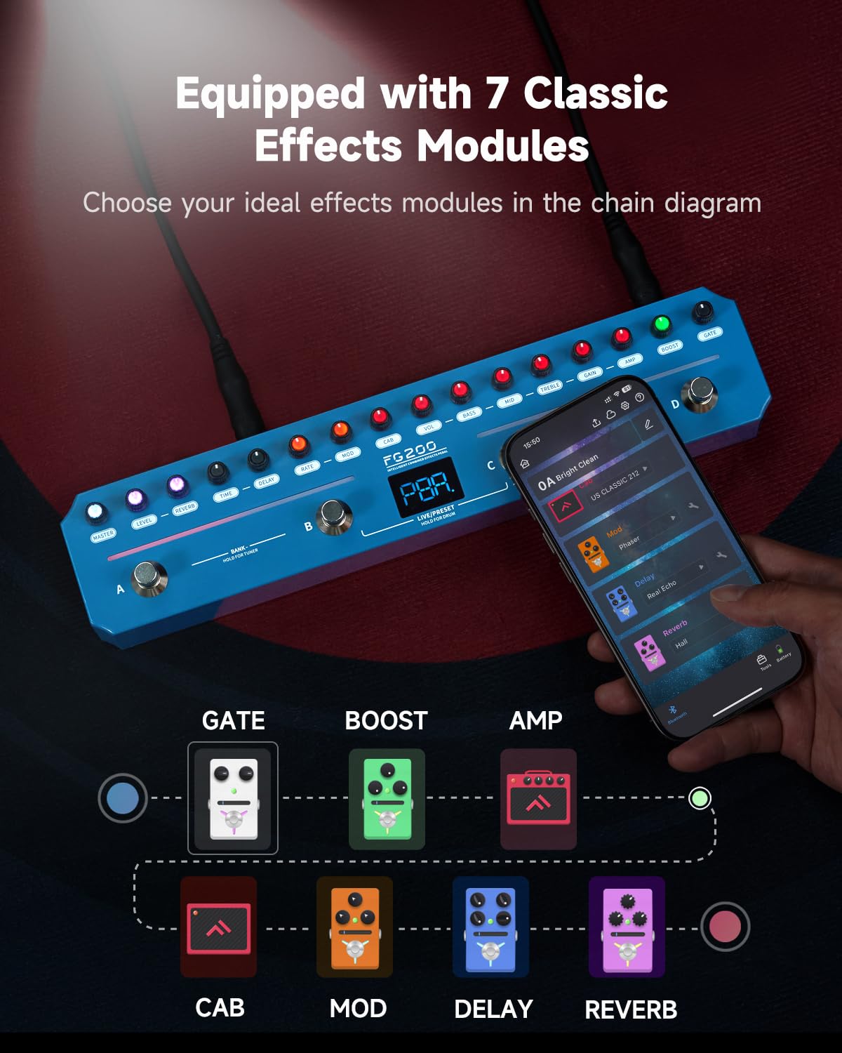 FLAMMA FG200 Intelligent Multi-Effects Processor with 52 AMP Models 5 BOOST Models 16 CAB Simulations 7 Effects Modules 9 IR Slots 40 Presets 40 Rhythm Styles Support APP OTG