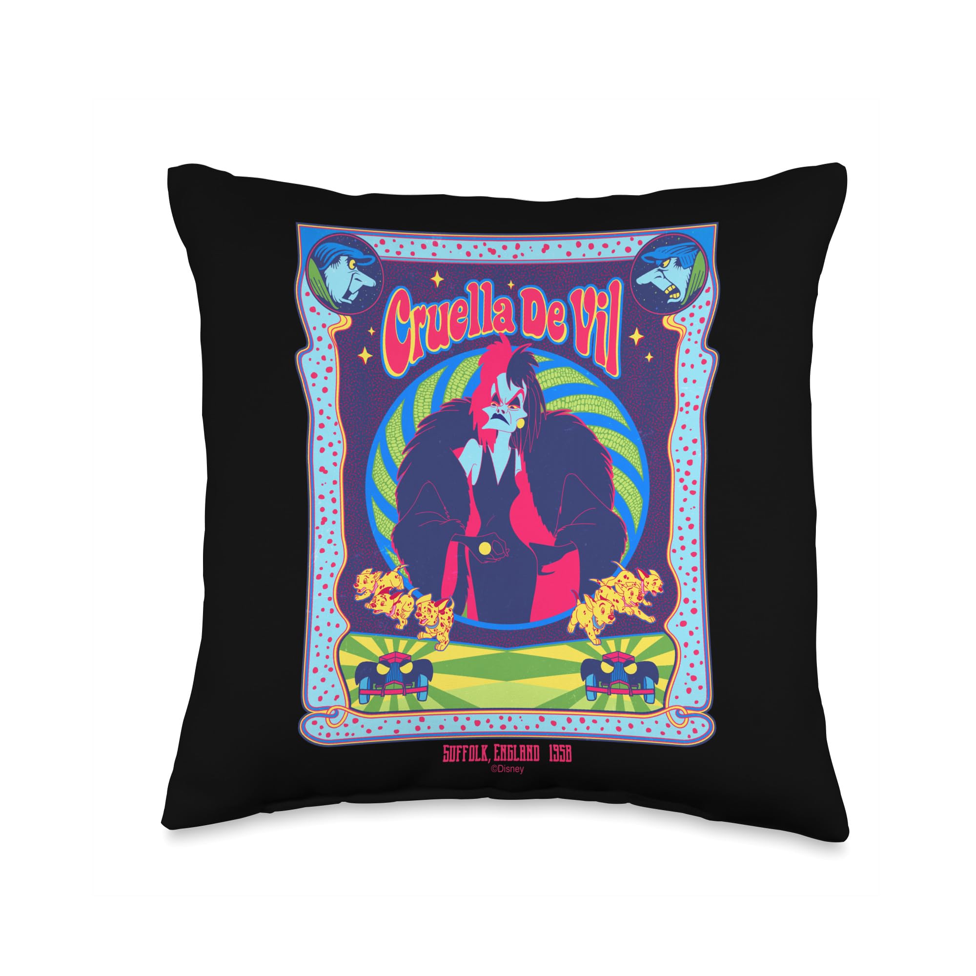 Coussin Disney Villains Cruella De Vil 101 Dalmatians Rock Tour noir et blanc