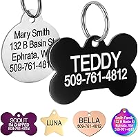 GoTags Personalized Stainless Steel Pet ID Tags for Dogs & Cats - Custom Engraved Front & Back, Bone Round Heart Shapes, Small Large Sizes