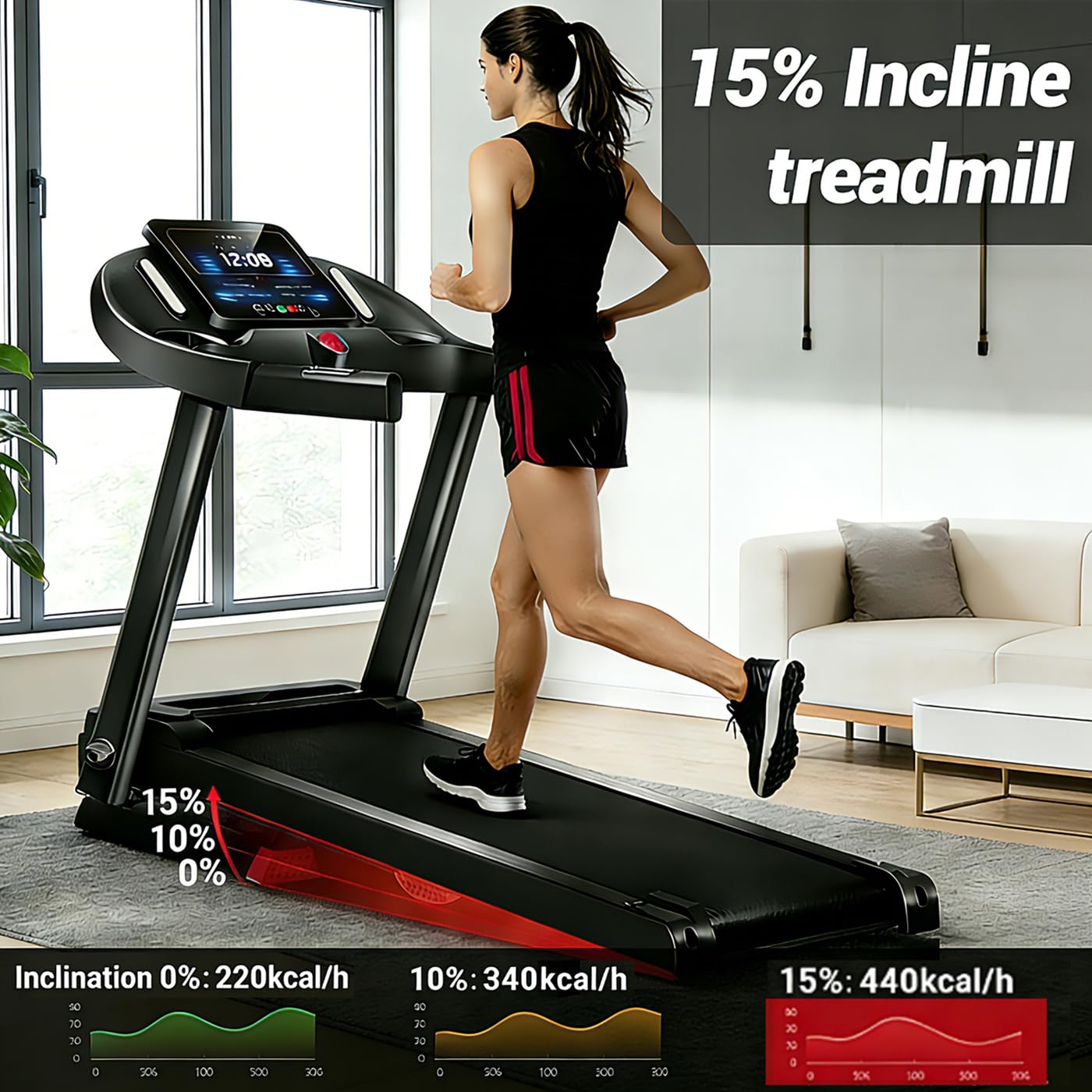 Składana ławka bieżni 15% nachylenia, cichy silnik bezszczotkowy 3,0 HP <45dB | 12+3 inteligentne programy | 7-warstwowa amortyzacja, czujniki cardio | oszczędność miejsca, maks. 136 kg