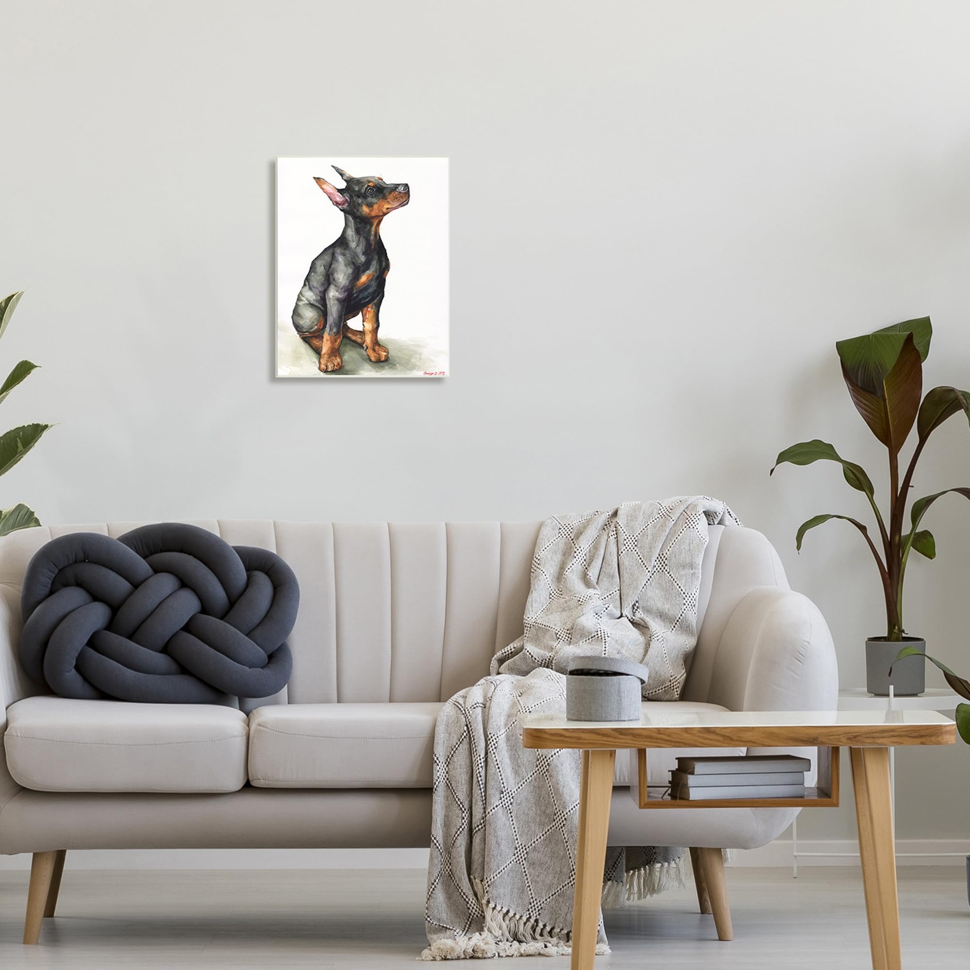 Stupell Industries Doberman Puppy Dog Pet Animal Watercolor Painting Carteles y Placas, Madera MDF, Multicolor