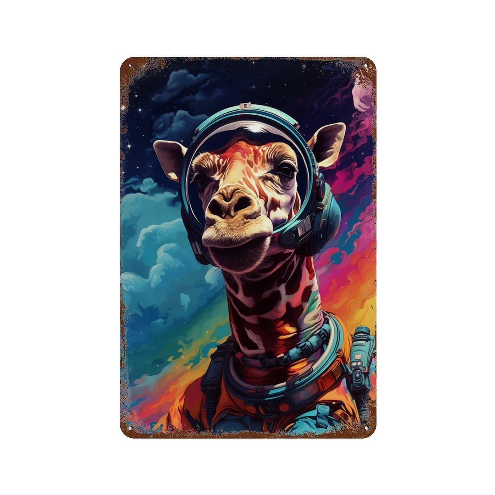 Giraffe Astronaut Space Art Print Weathered Tin Sign 11.8"x7.9", Farmhouse Wall Decor for Garage, Pub Or Kitchen