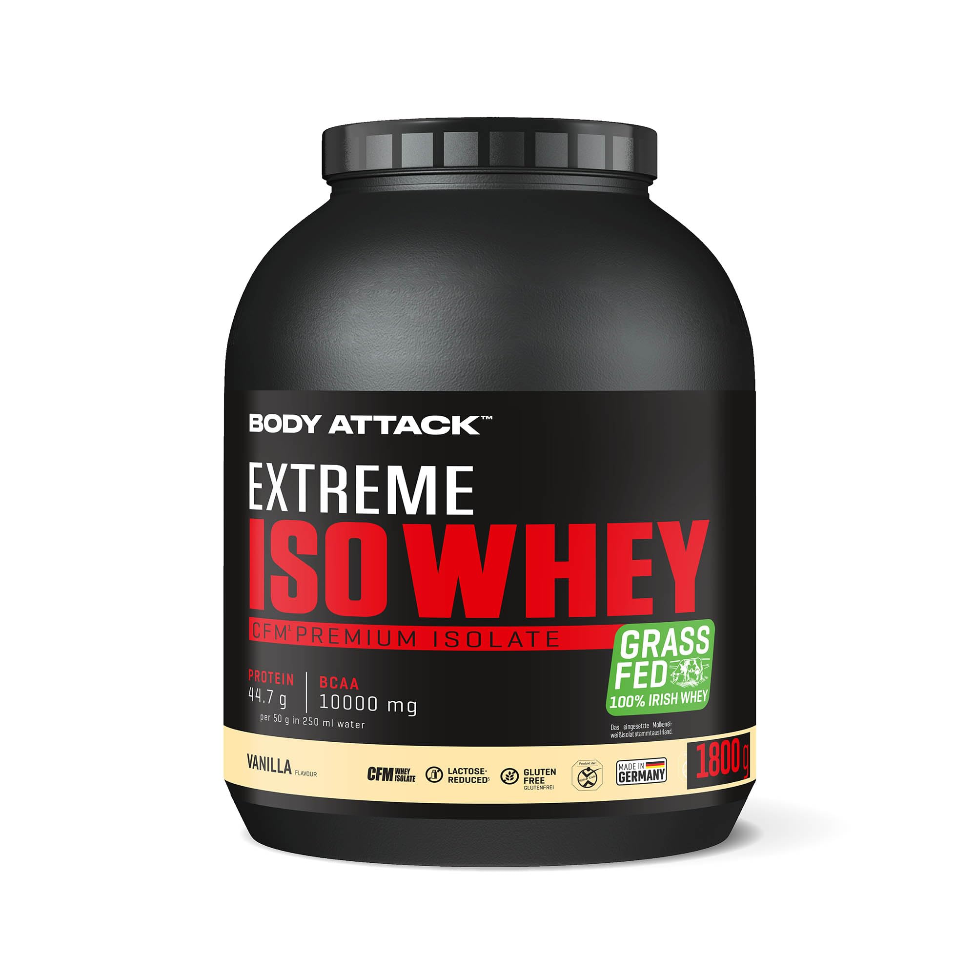 Body Attack Extreme Iso Whey, Vanille, 1,8 kg, CFM Whey Protein Isolat aus 100% irischer Weidemilch, glutenfrei, reich an EAAs, perfekt löslich, fettarm, ohne Aspartam, 90,6% Isolat-Anteil
