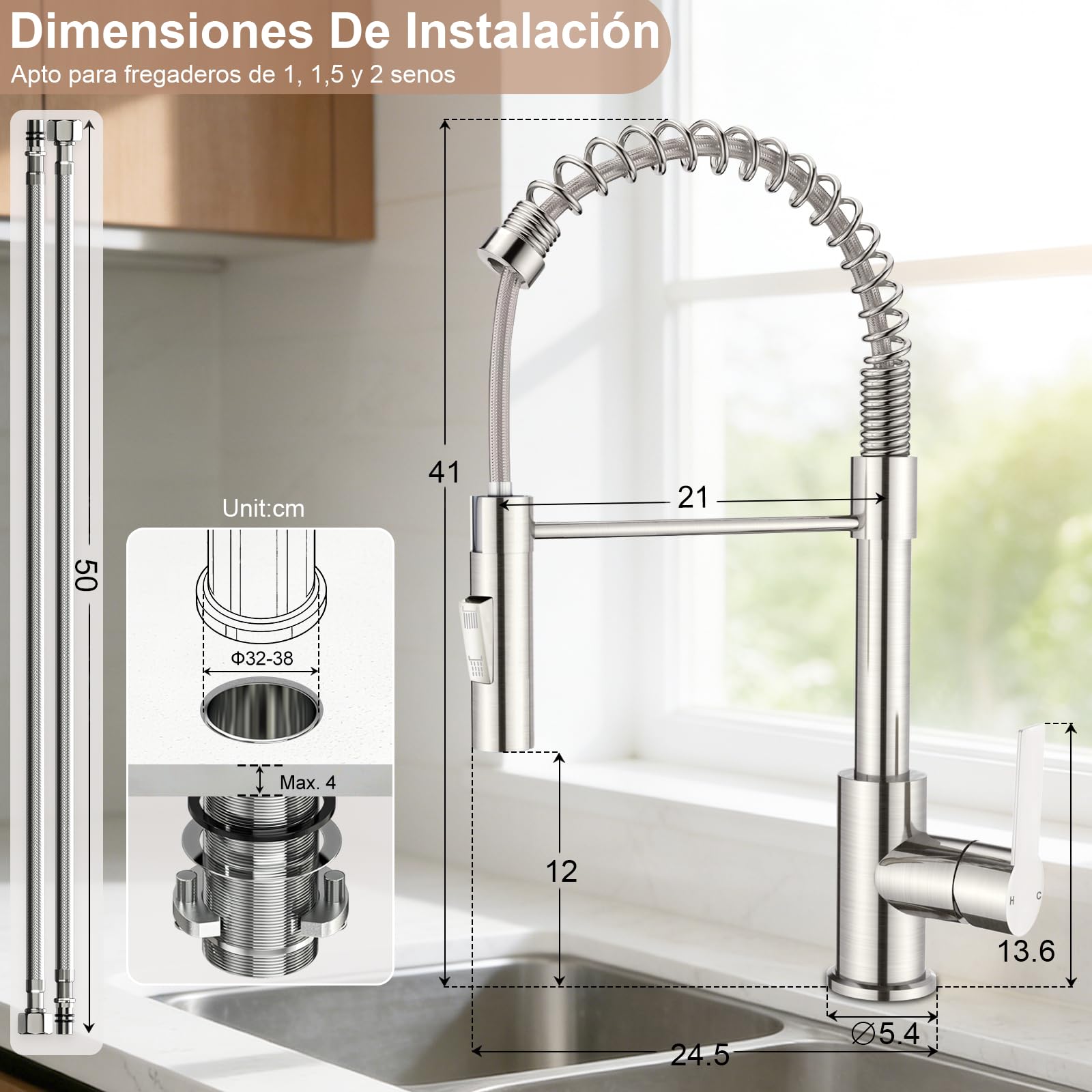 Grifo Cocina, Moderno Grifo Cocina Extraible con Ducha de 2 Modos y 360° Giratorio, Caño Alto para Grifos Cocina Fregadero, Mezclador Monomando, Acero Inoxidable Cepillado