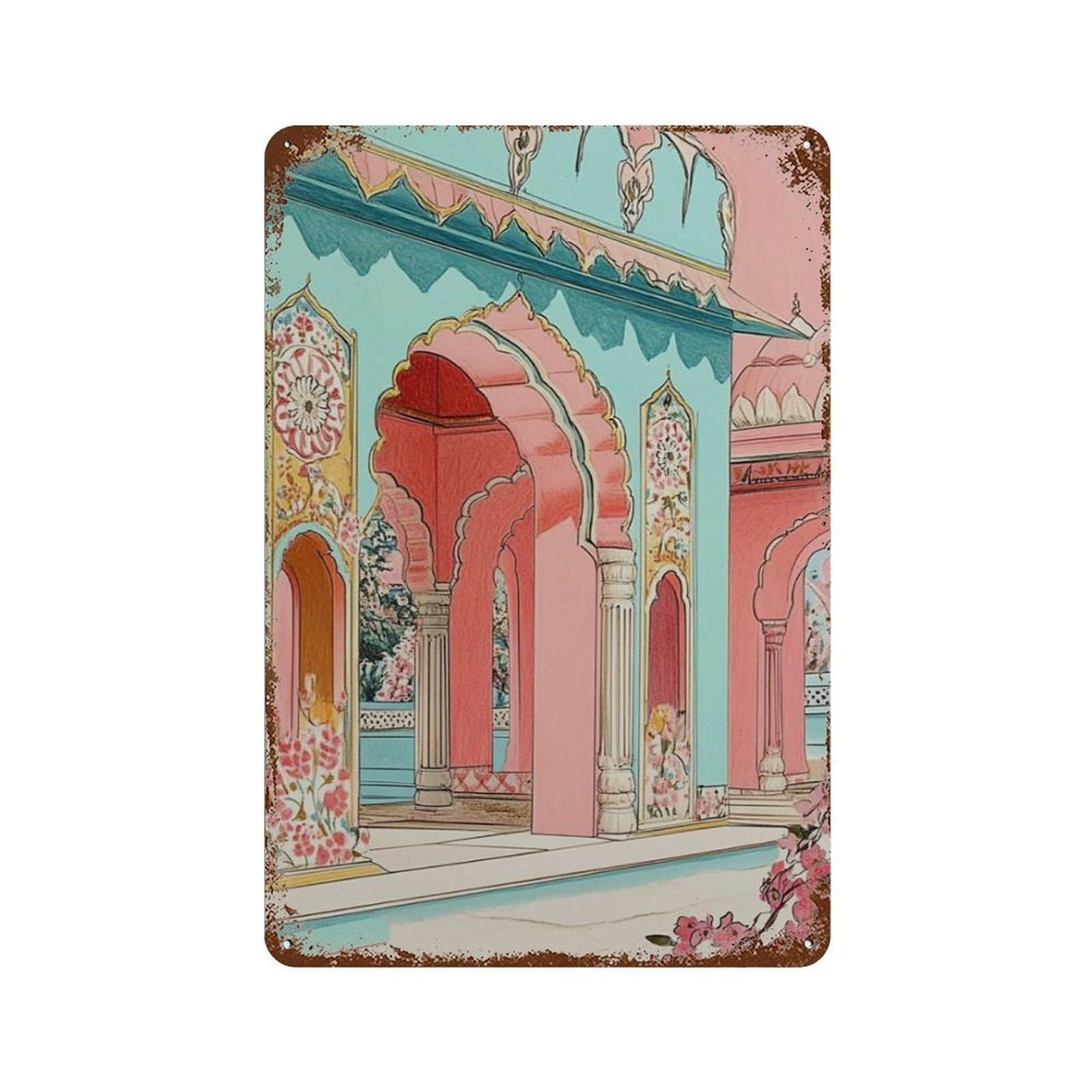 xiaoxiaoshen Jaipur Palace Indian Architecture Pink Arches Courtyard Work Vibrant Travel Styl Wall Decor Art Metal Tin Poster Modern Home Decor Art Home Bar Shop Decorations Vintage Sign 30x20cm
