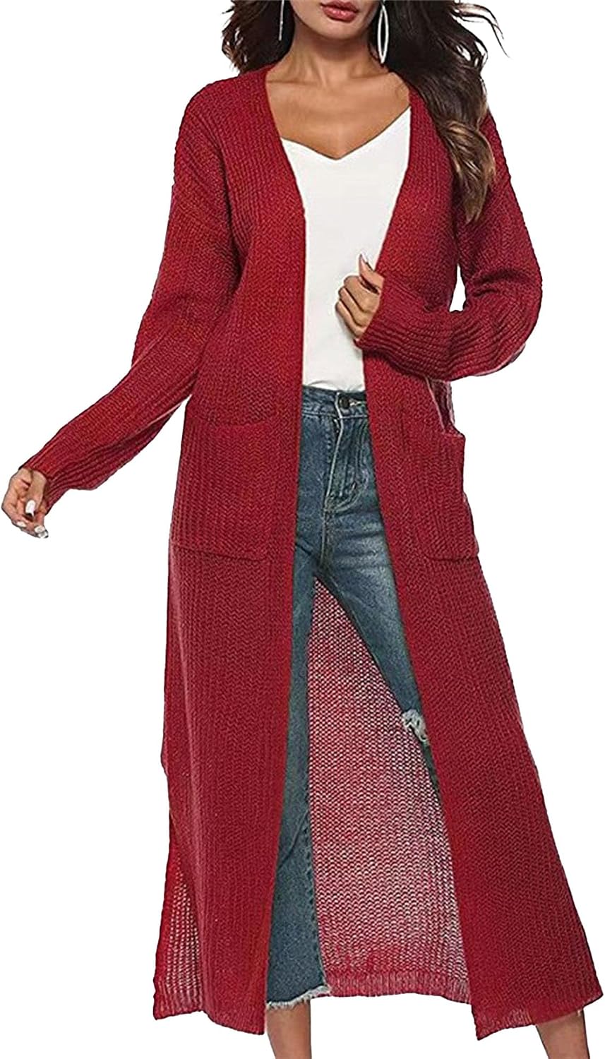 Womens Mesh Long Knee Length Cardigans Cable Knitted Open Front Outerwear Solid Color Sweater Coat with Pockets