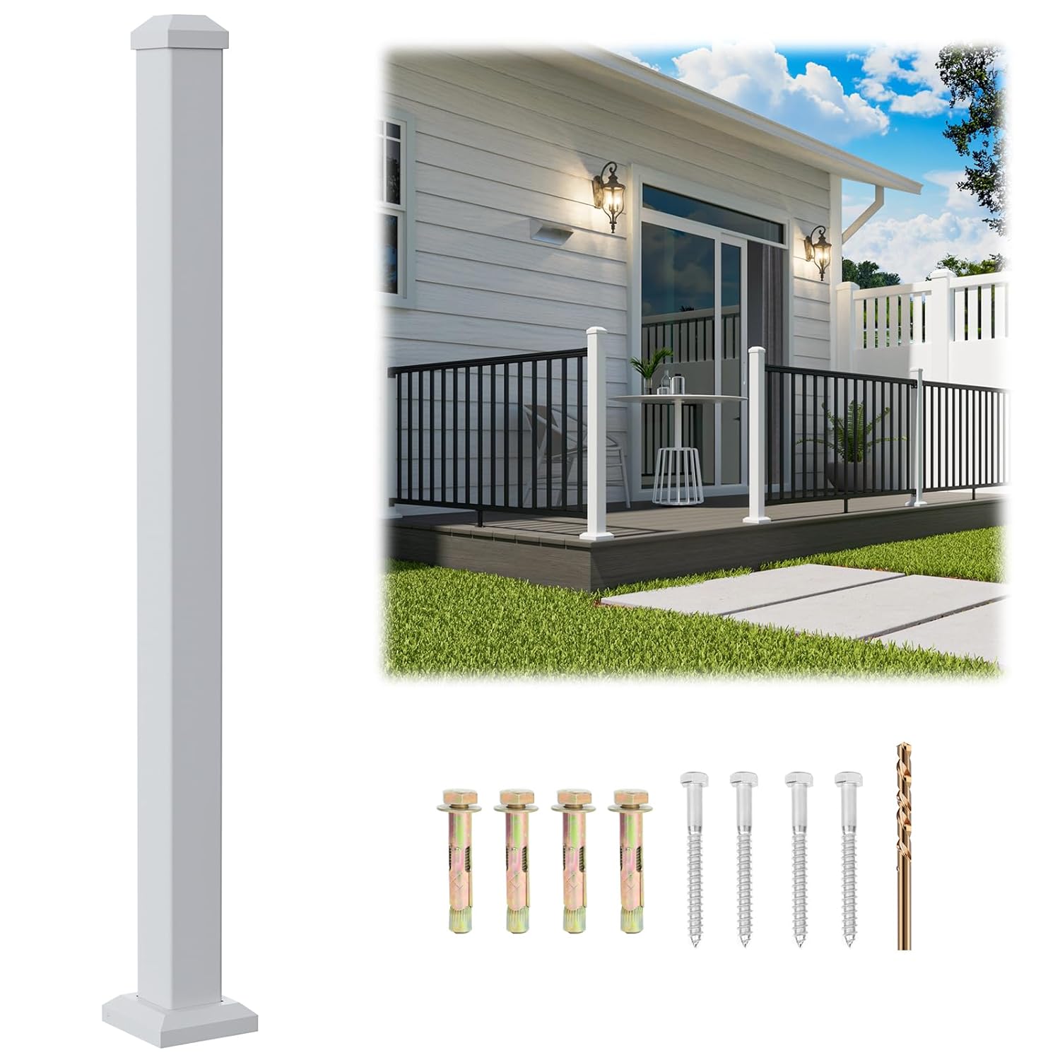 Egadis 2.56 in x 2.56 in x 39 in White Aluminum Deck Railing Post with Screws & Drill, Outdoor Textured Powder-Coated Finish Stair Railing Post for Decks, Porches & Balconies (1x 39in Post)