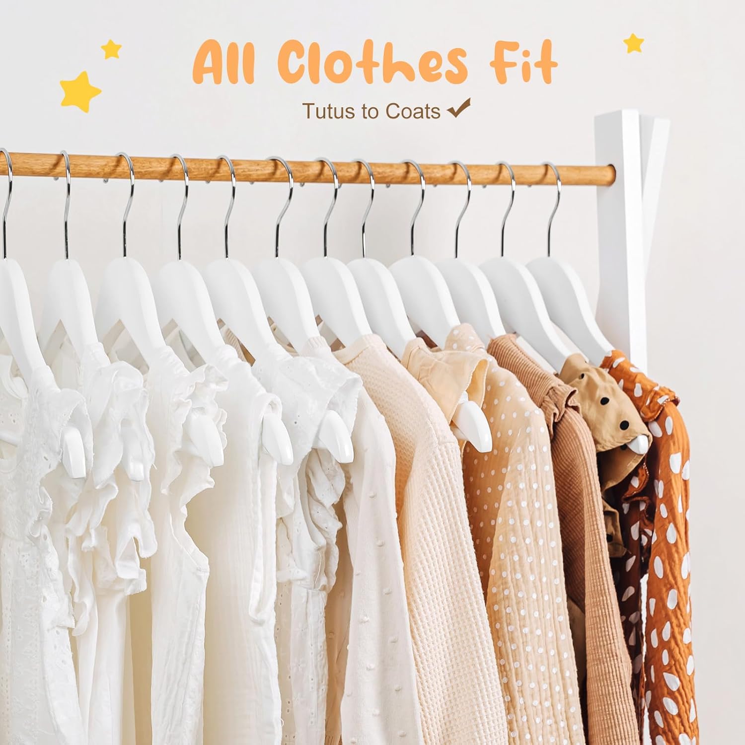 HOUSE DAY Kids Wooden Hangers 20 Pack, Wood Baby Hangers for Baby Clothes, Childrens Coat Hanger with Non Slip Pant Bar, 360° Swivel Hook, White