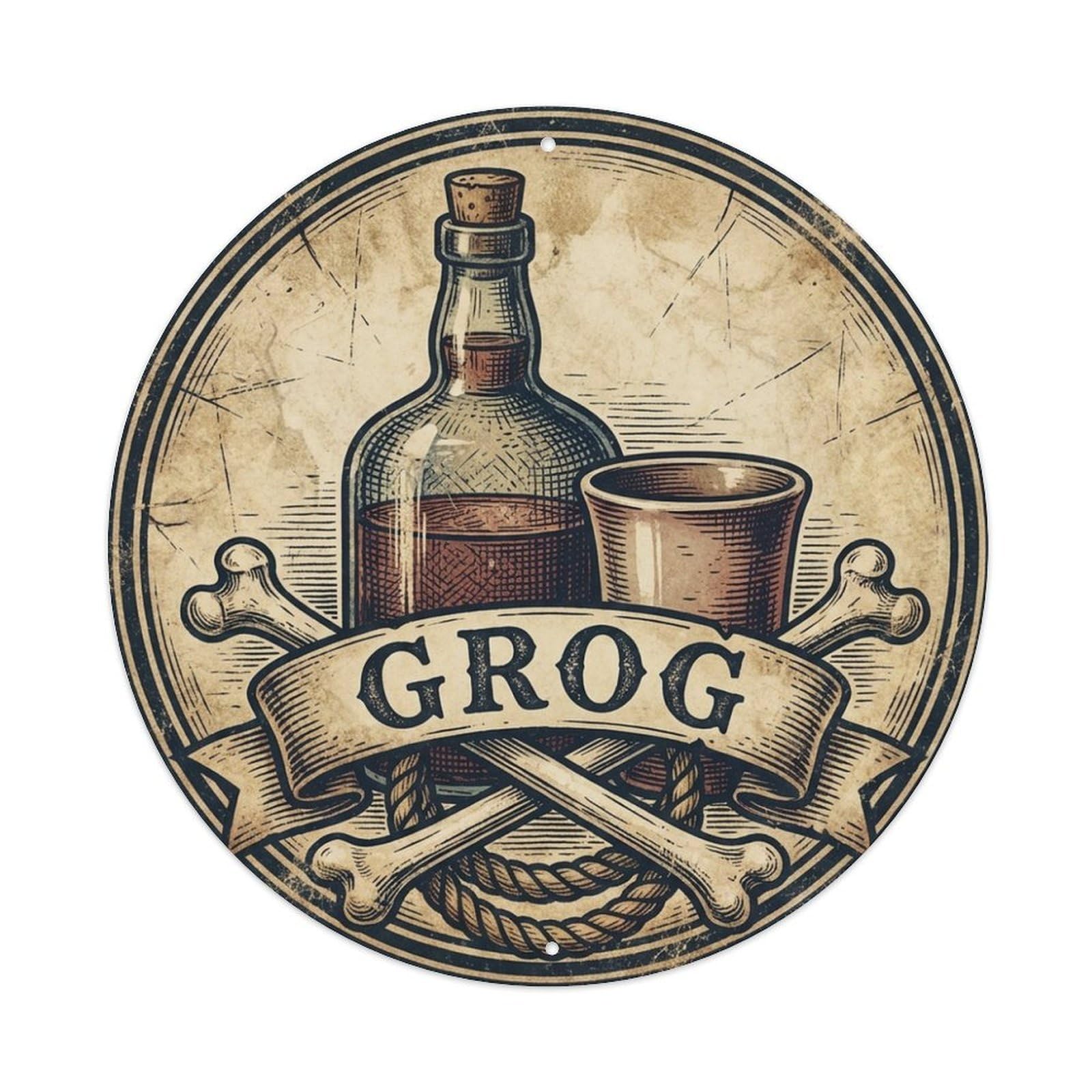 Grog Rum Bottle Crossbones Pirate Label Buccaneer Metal Tin Sign
