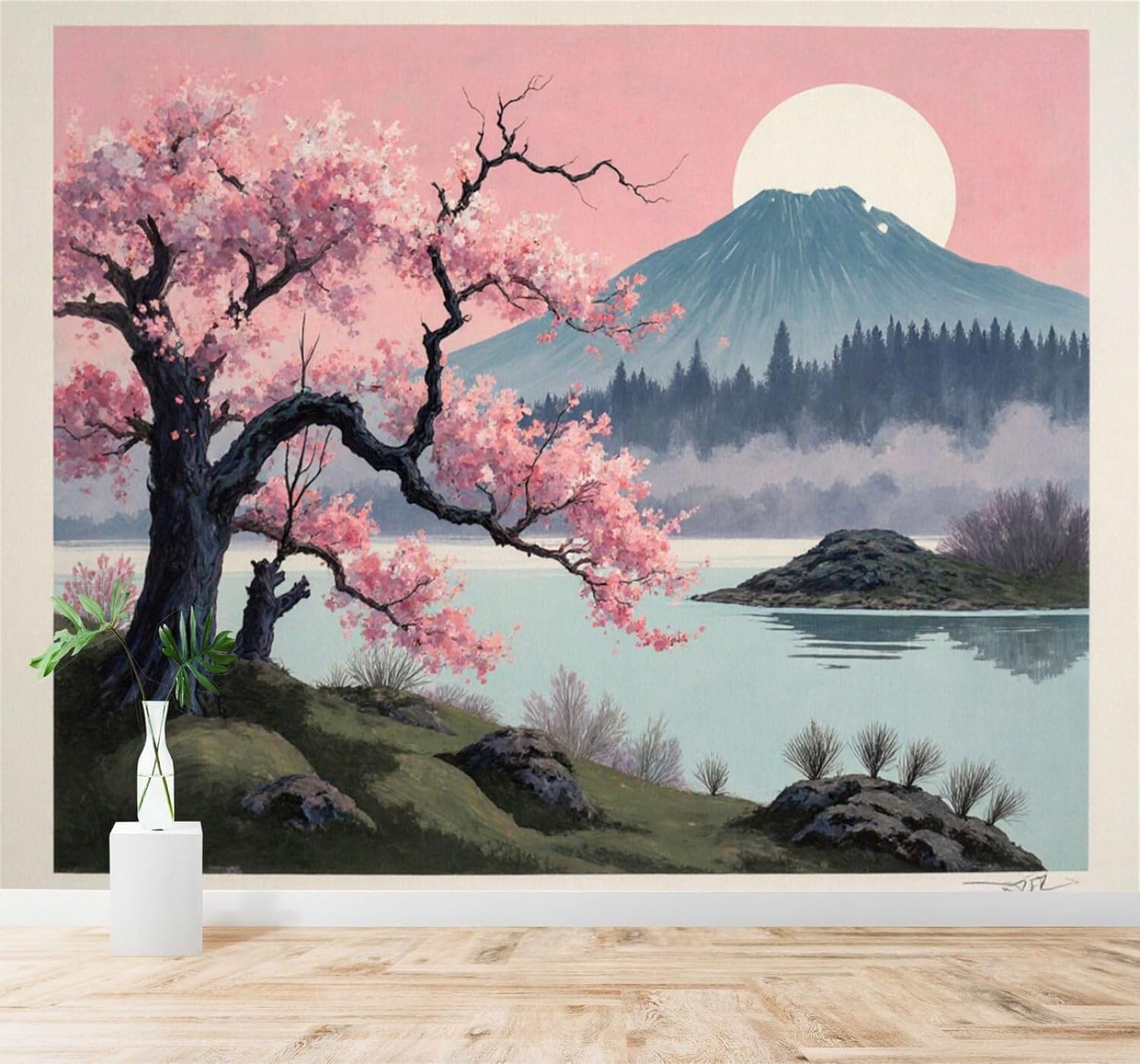 XLMING Beautiful Cherry Blossom Trees Mountains Lakes and Sunrise 3D Wallpaper Silky Texture Home Study Office Grey Dining Room Sofa Bedroom Living Room TV Backdrop-250cm×170cm