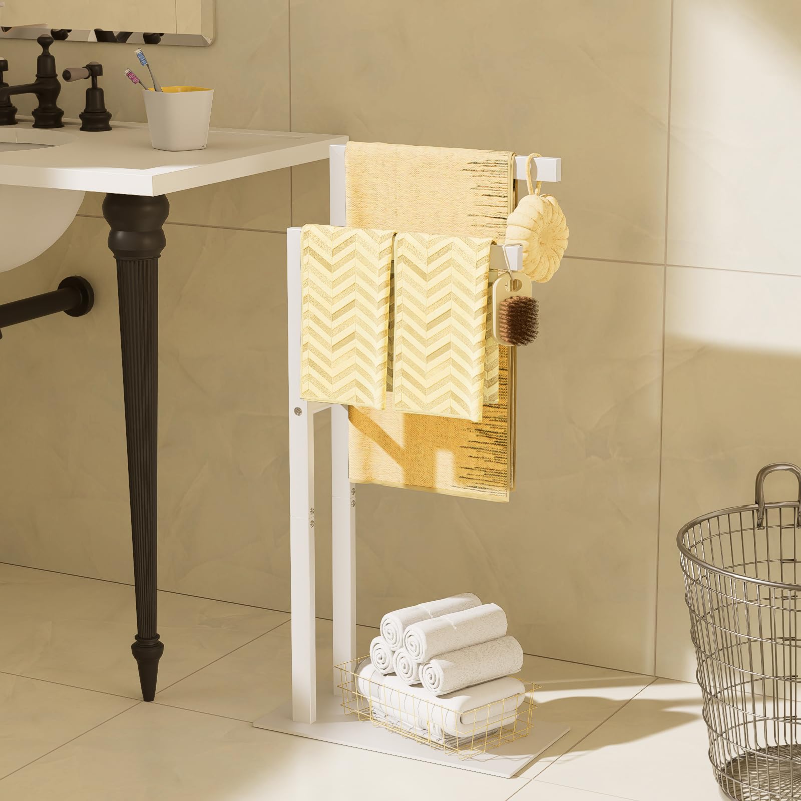 Yawinhe Porte Serviettes sur Pied, Support Salle de Bain, avec 2 Barres, en Acier Inoxydable, pour Vêtements, Couvertures, 40x20x80cm, Blanc, SMJ003W