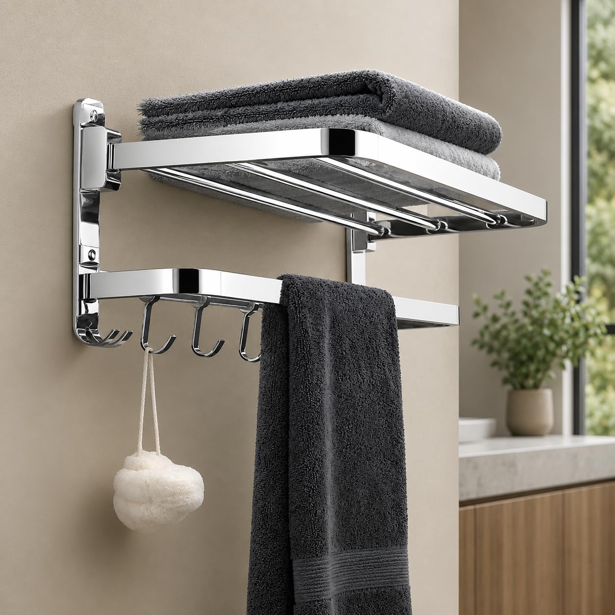ZOHRA® Towel Holder in Bathroom - Hanger for Wall,TwinFlex 304 Stainless Steel Foldable Towel Rack, Rustproof Wall Mounted Bathroom Shelf with Hooks, Heavy Duty Bathroom Accessories,24 Inch, Silver