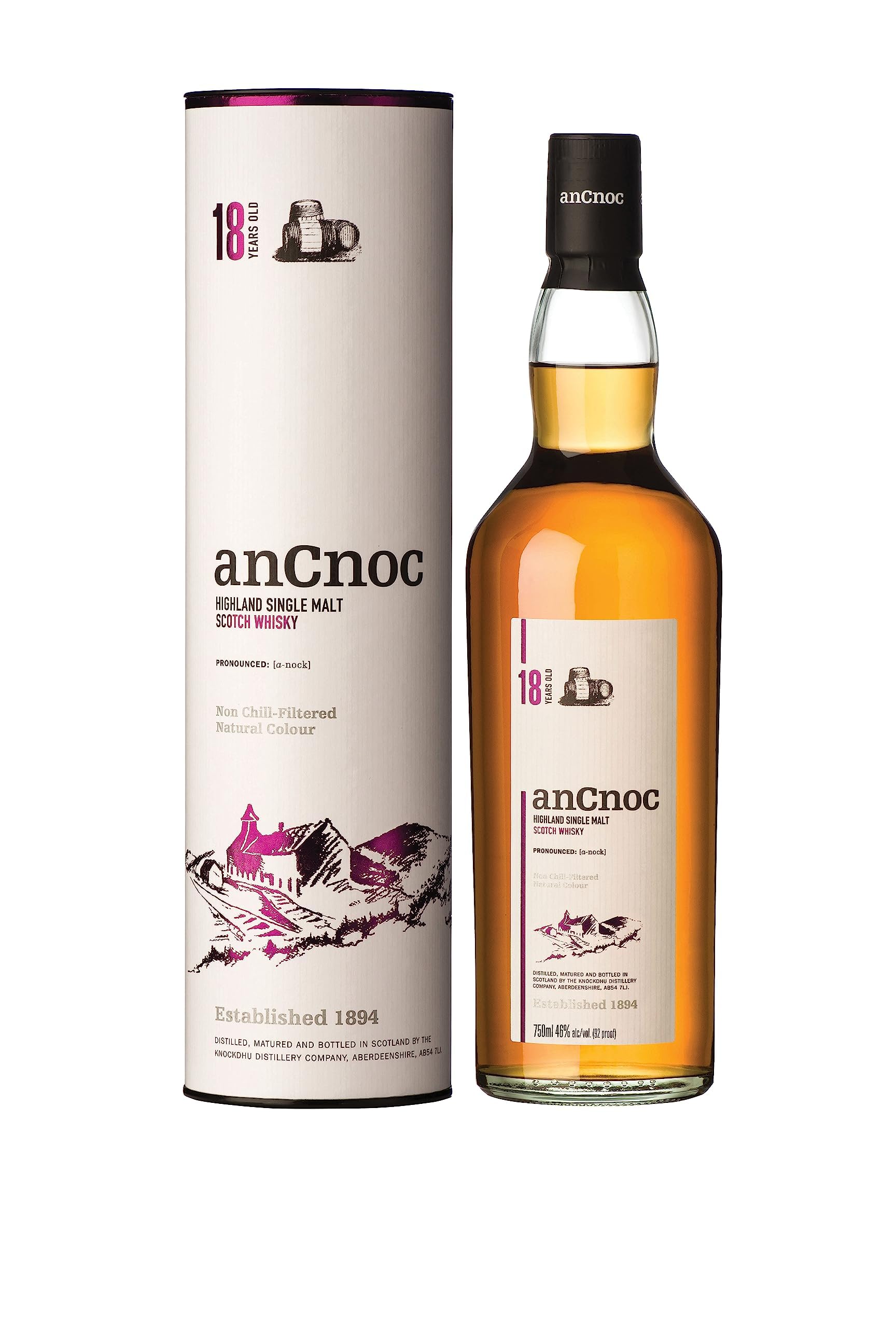 AnCnoc 18 Years Old Single Malt – 18 Jahre gereifter schottischer Whisky aus den Highlands in der Geschenkverpackung mit 46 % vol. Alkohol (1 x 0,7l)