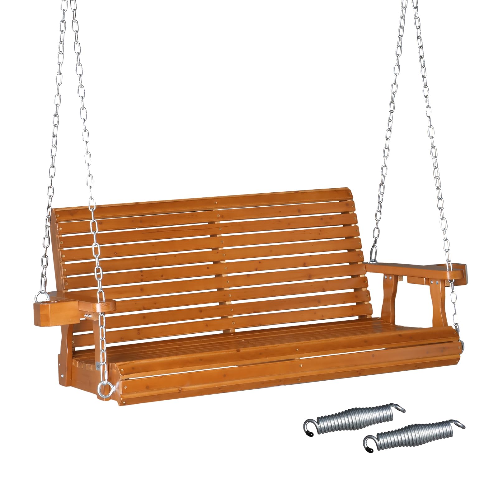 VINGLI XL Size Patio Wooden Porch Swing Outdoor with Cup Holders, Heavy Duty 880 LBS Hanging Swing Chair Bench with Hanging Chains for Yard, Lawn, Garden (4 FT Pro, Brown)