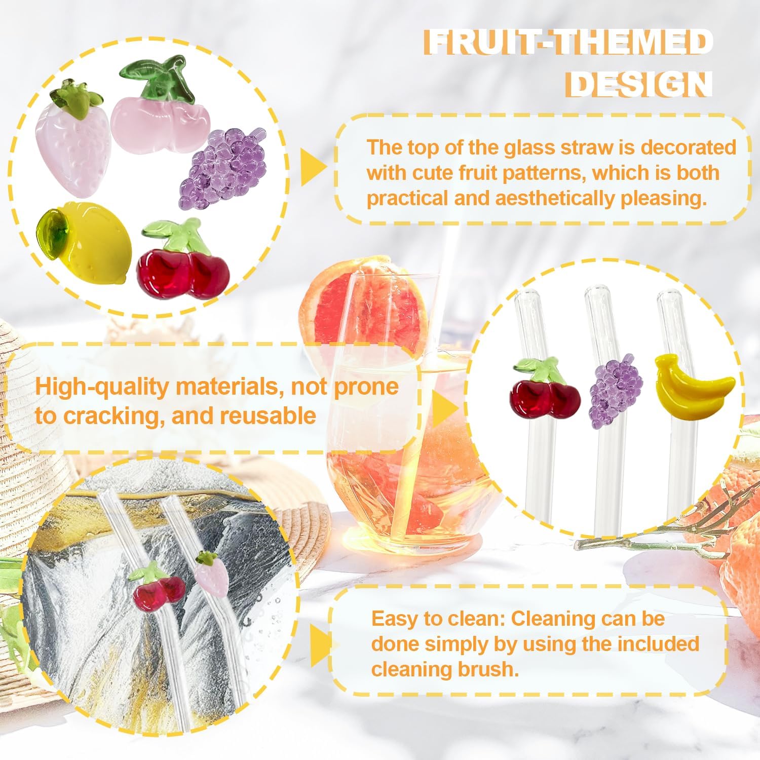 8Pcs Glass Straws With Fruit Charms,Include As A Bonus Two Straw Cleaning Brushes. (Mixed Fruit Styling)