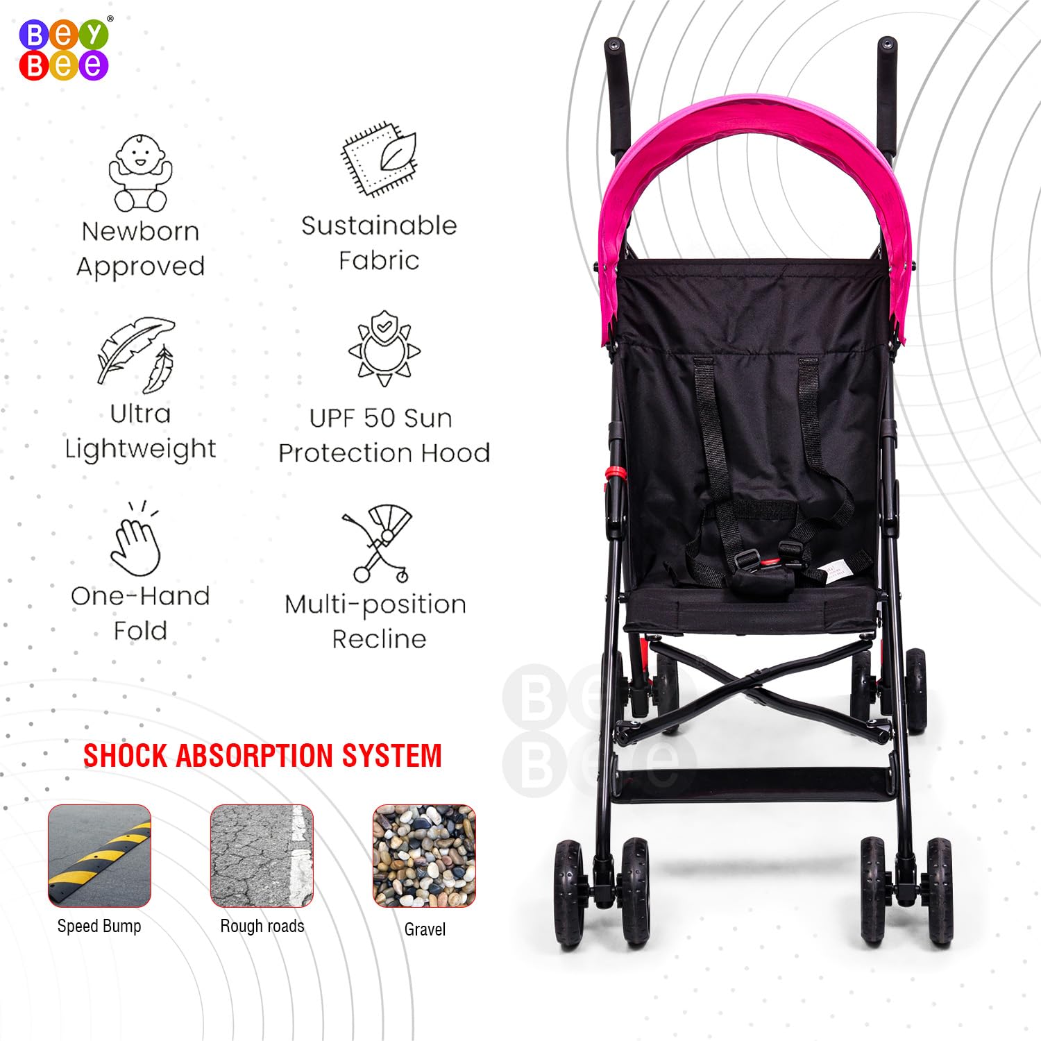 BeyBee Travel-Friendly Light Weight Baby Stroller and Buggy|Poratble Trolly for Newborn Kids with 5 Point Safety Harness|Pre Installed with Canopy|Easy Foldable Boys/Girls Age 0-3 Years (Pink) 3