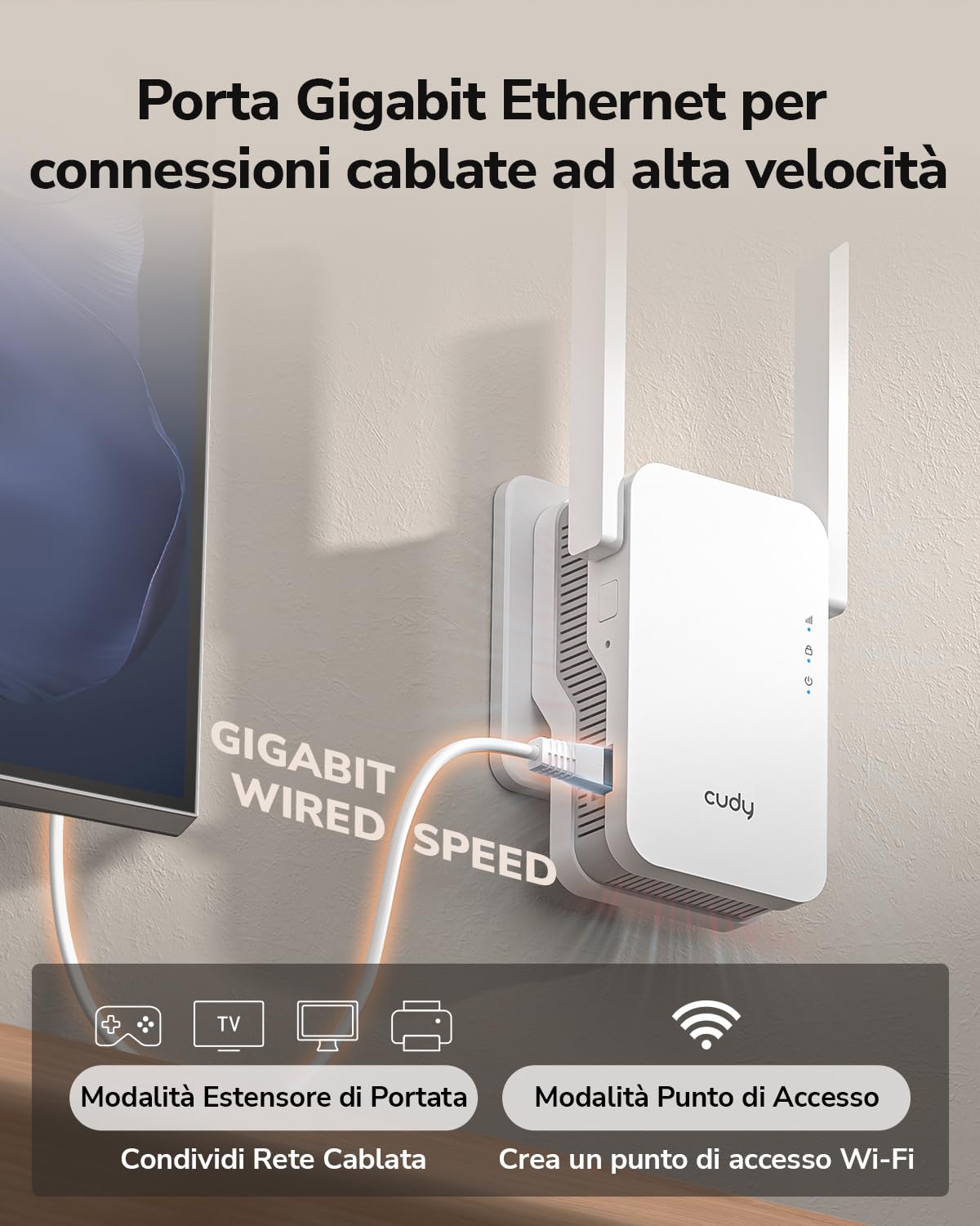 Cudy BE3600 Dual Band Wi-Fi 7 Ripetitore Ripetitore Segnale Booster con Porta Gigabit Ethernet, Access Point, APP Setup, Cudy Mesh e supporto APP, RE3600