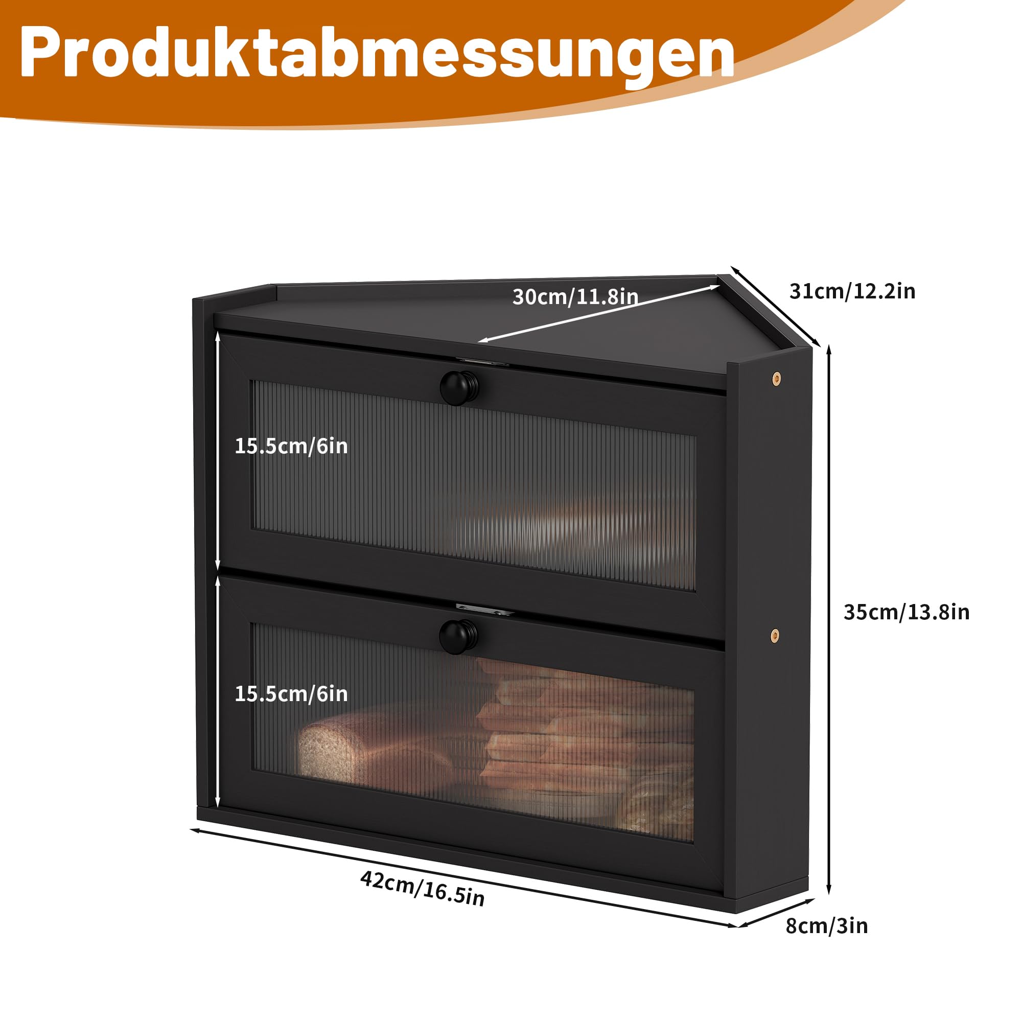 Schwarzer Eckbrotkasten 42 x 30 x 35 cm Groß Brotkasten Holz | 2 Stöckiger, Natürlicher Bambus, Klares Fenster, Frisch Halten, Tür mit Magnetverschluss, für Brot, Obst Küchen Storage