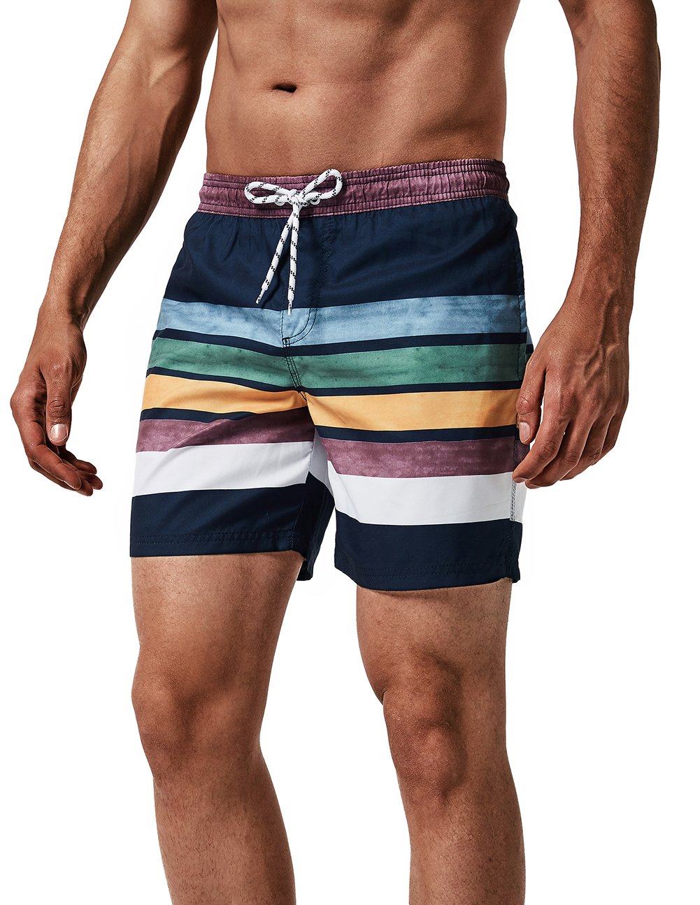 Maamgic Men's Striped Black Swim Trunks Quick Dry Casual Short With Pockets Fit Performance Surfing Wear