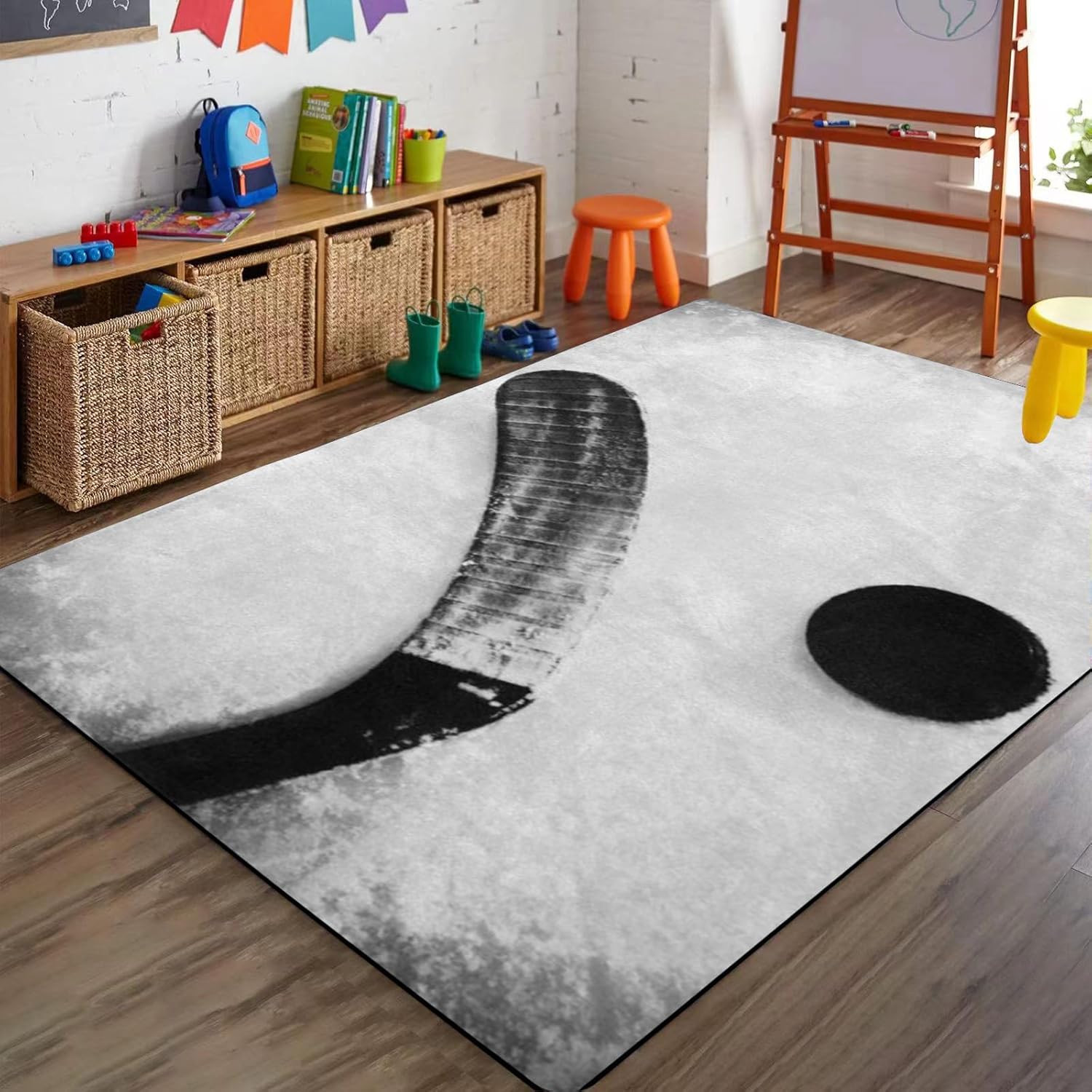 Sports Hockey Kids Rug, 5x7ft, Black White Ice Hockey Rugs for Bedroom, Cozy Ultra Soft Home Decor Carpet, Low Pile Absorbent Anti-Slip Rug for Floor Hallway Family Living Room