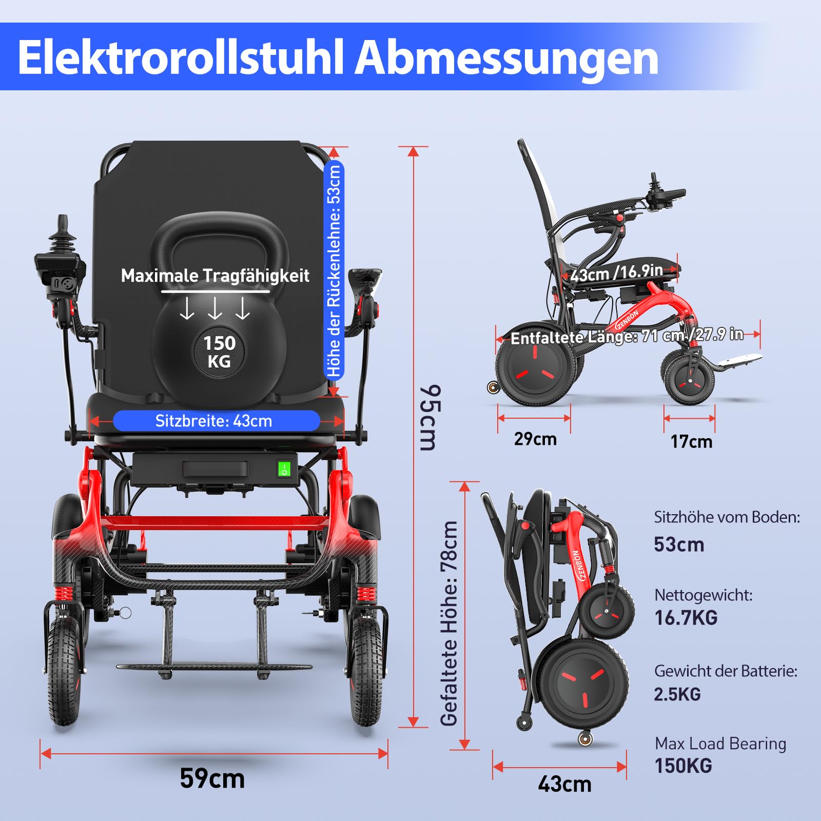 Carbon Rollstuhl Elektrisch Faltbar Leicht: Nur 16.7 kg schwer Elektrorollstuhl Faltbare für All Gelände - 25KM Elektrischer Rollstuhl für Senioren bis 150 kg