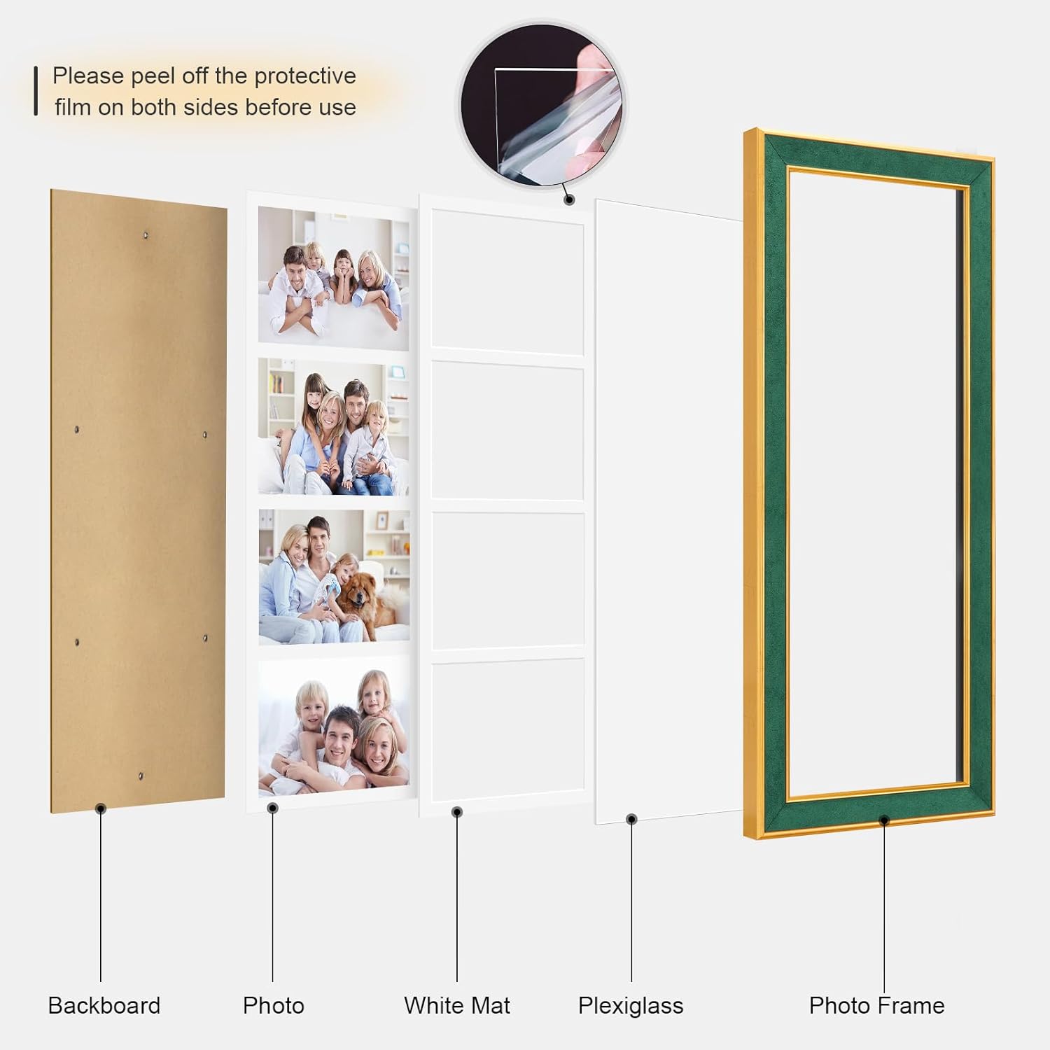 Suede 8x21 Picture Frame Display 4 Opening 5x7 Picture Frames Collage Wall Decor with Mat,Multi Photo Frame for Plexiglass,Wall Decor,1Pack,Green