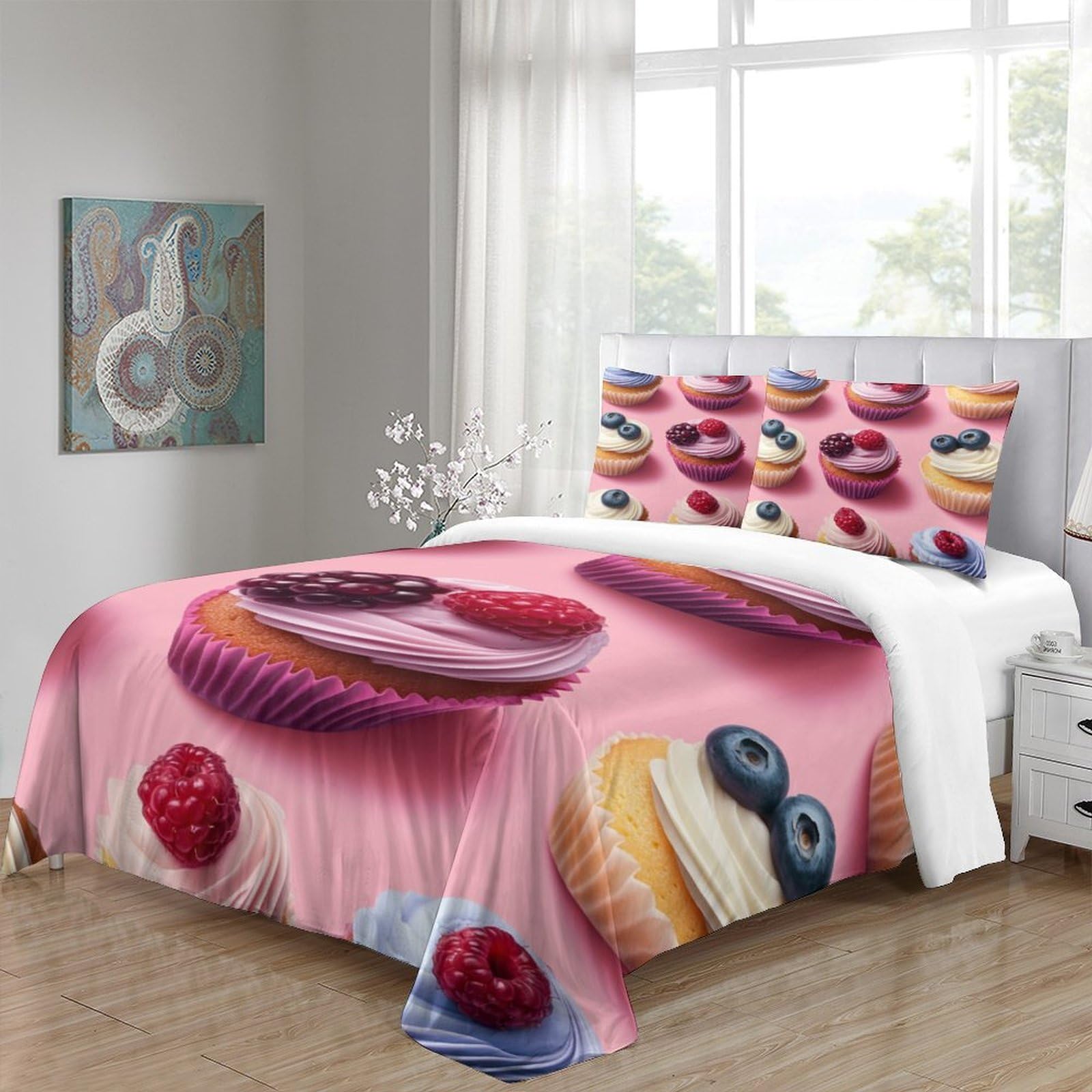 Cupcake ai frutti di bosco Impressione 3D 3 pz cover piumone Dolci prelibatezze da dessert coperteletto microfibra traspirante zip per adolescenti uomini adulti Super king（260x220cm）
