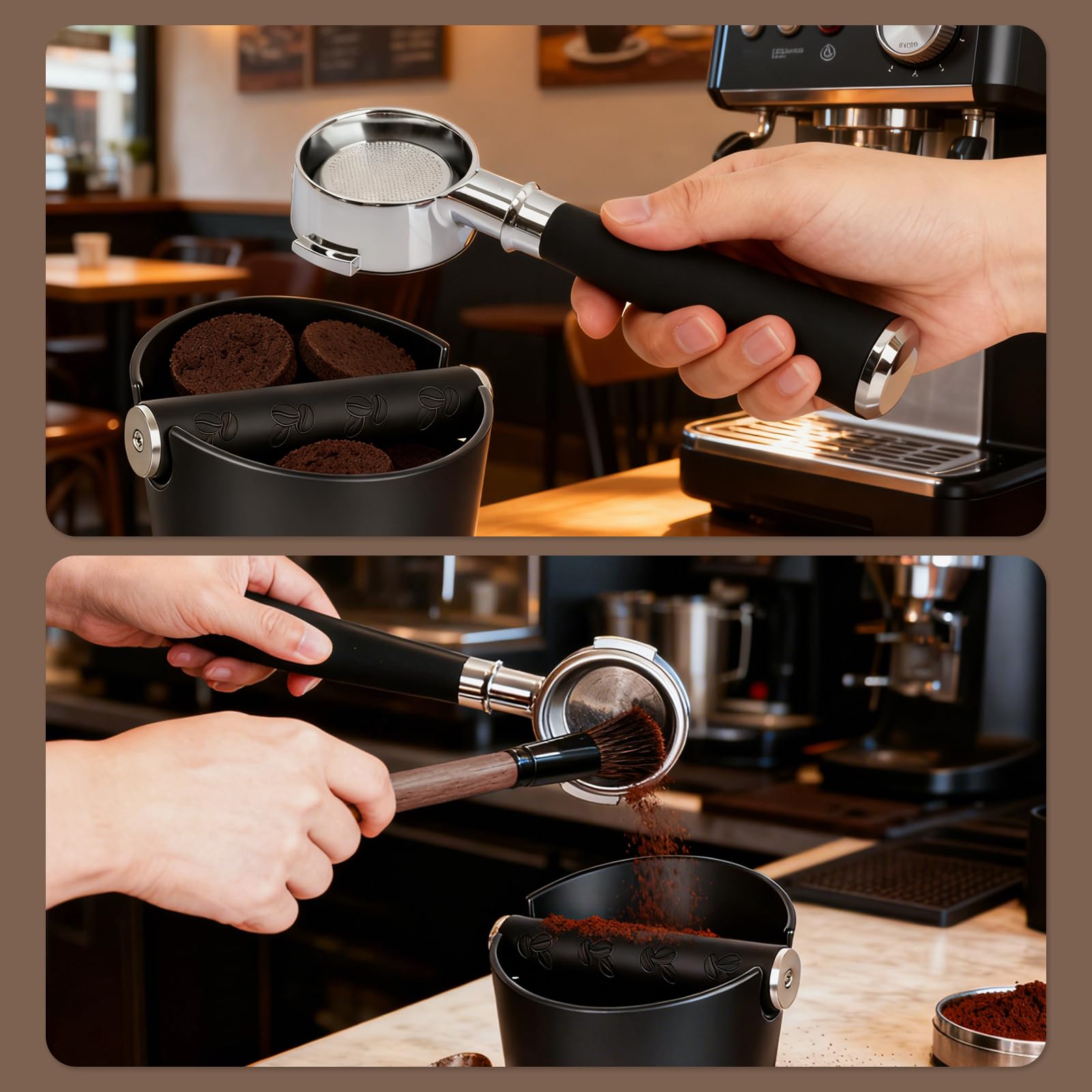 Abklopfbehälter für Siebträger mit Pinsel – Espresso Abklopfbehälter Knock Box Kaffeesatz Behälter mit Abnehmbare Edelstahl Abklopfstange und Rutschfeste Basis for Barista Zubehör, Leicht zu Reinigen