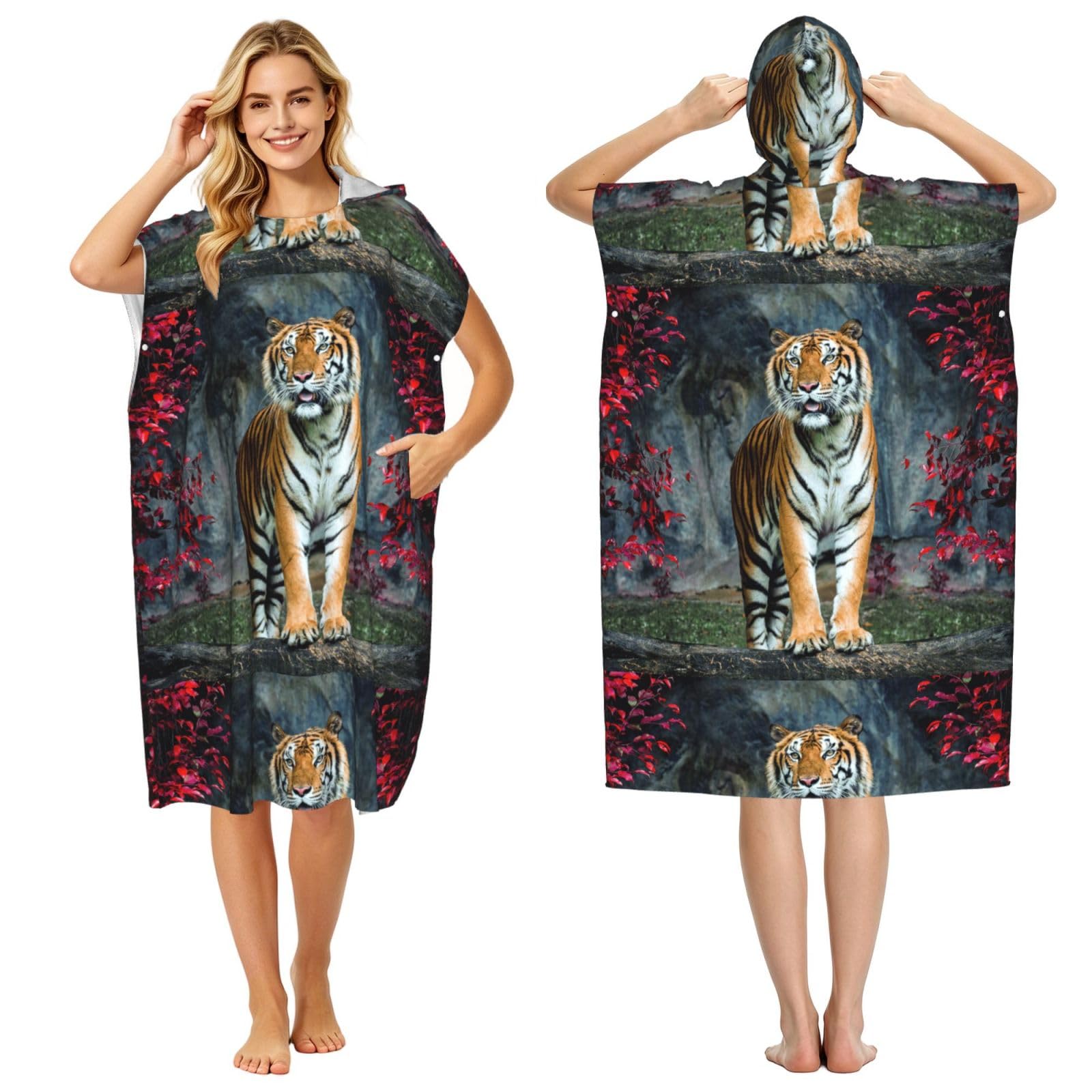 Poadnly The Tiger, Adult Hooded Beach Towel 90 x 110 cm,Changing Bath Robe, Surf Poncho Towel For Women Men