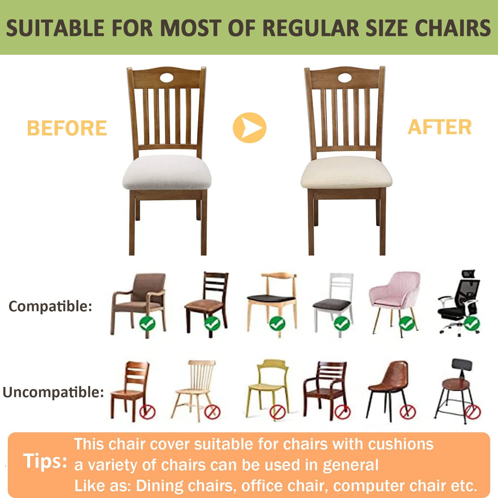 Universelle Esszimmerstuhl-Sitzbezüge mit Bändern, einfarbig, Set mit 1, 2, 4 oder 6 Stück, elastische Stretch-Stuhlbezüge, rutschfeste Schutzhülle für Küche und Büro (schwarz, 6er-Pack)