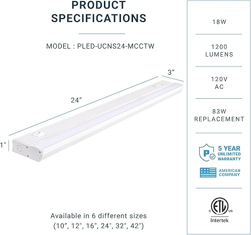 Miniatura 9 de PARMIDA - Iluminación LED para debajo del gabinete, instalación cableada, 12 pulgadas, 9 W, 3CCT seleccionable por color, 3000 K4000 K5000 K,