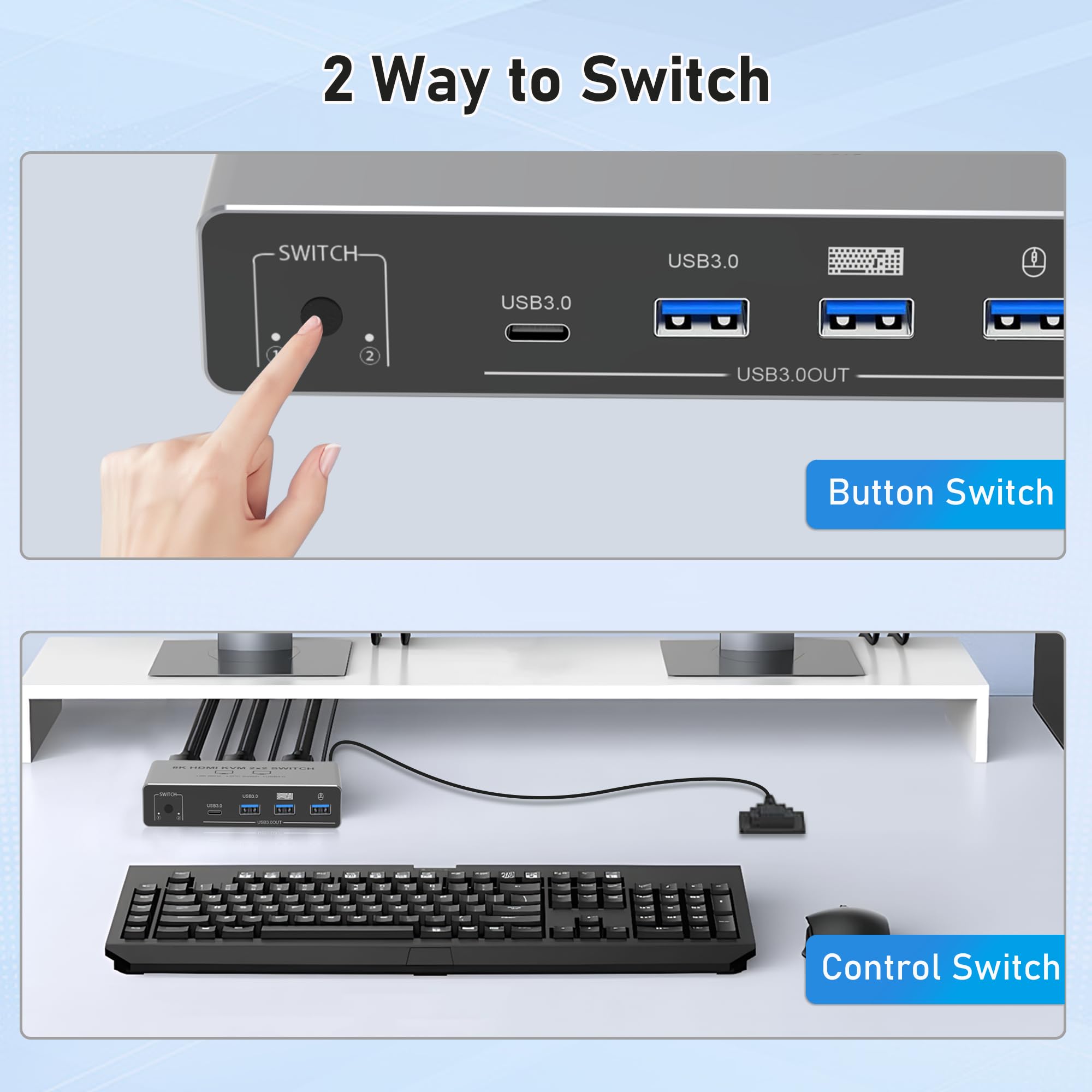 Tendak Switch HDMI Displayport KVM 2 PC 2 monitor, 8K DP HDMI KVM USB Switch tastiera mouse commutatore con 4 porte USB 3.0 per 2 PC Share 2 monitor, supporto 8K@60Hz 4K@120Hz HDCP 2.3