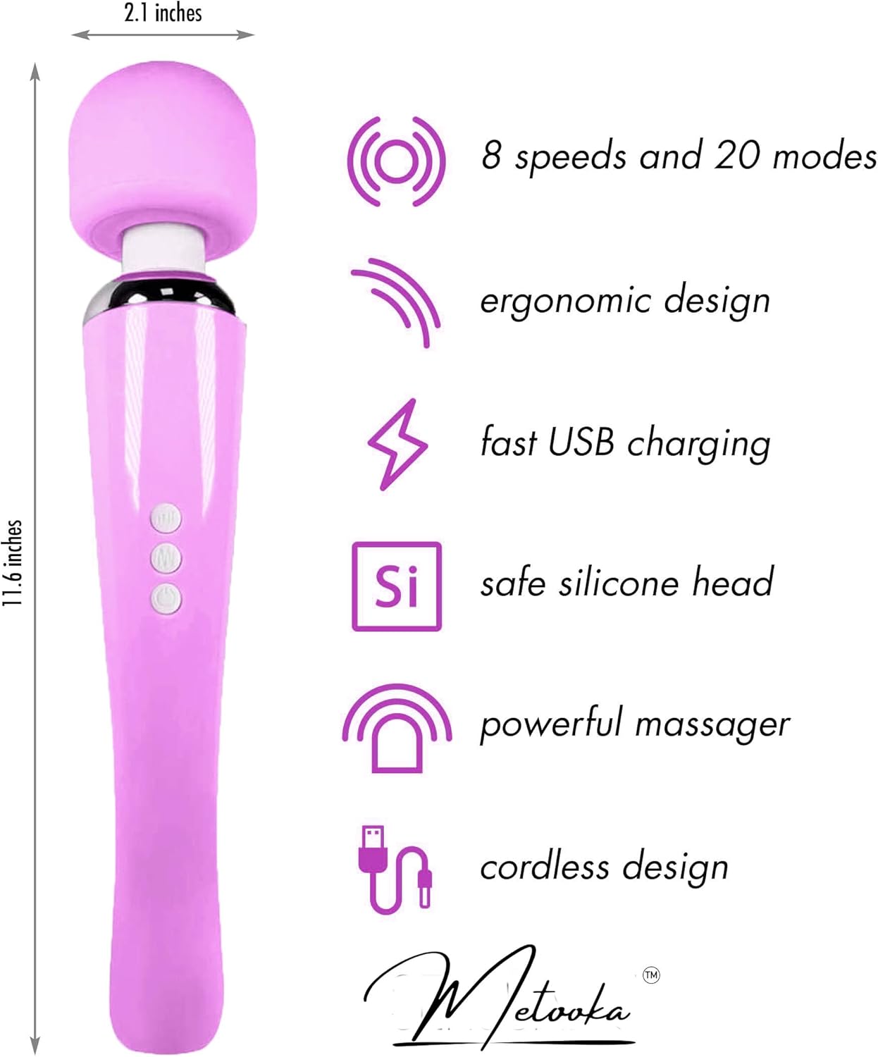 Therapeutic Cordless Massager - Powerful Massage Tool Handheld 8 Speeds 20 Patterns - Rechargeable Hand Massagers for Sore Muscles - Hand Held Massage Tool for Neck & Back