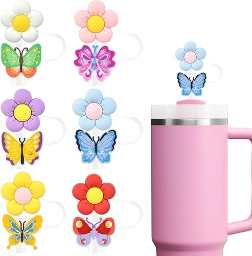 6 tapas de paja con diseño de flores para copa Stanley, cubierta de popote de mariposa de 0.394 in, a prueba de polvo, tapas reutilizables para