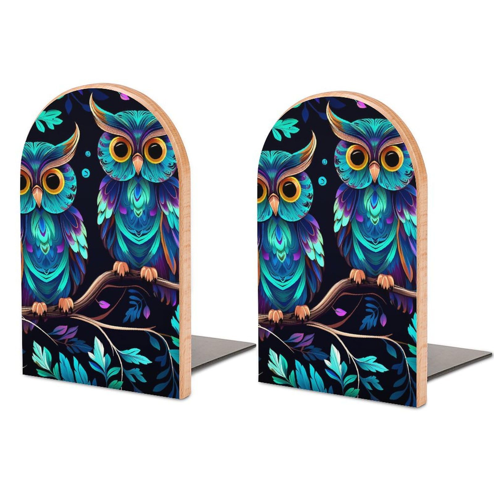 Serre-livres hibou en bois violet et vert antidérapant pour étagères