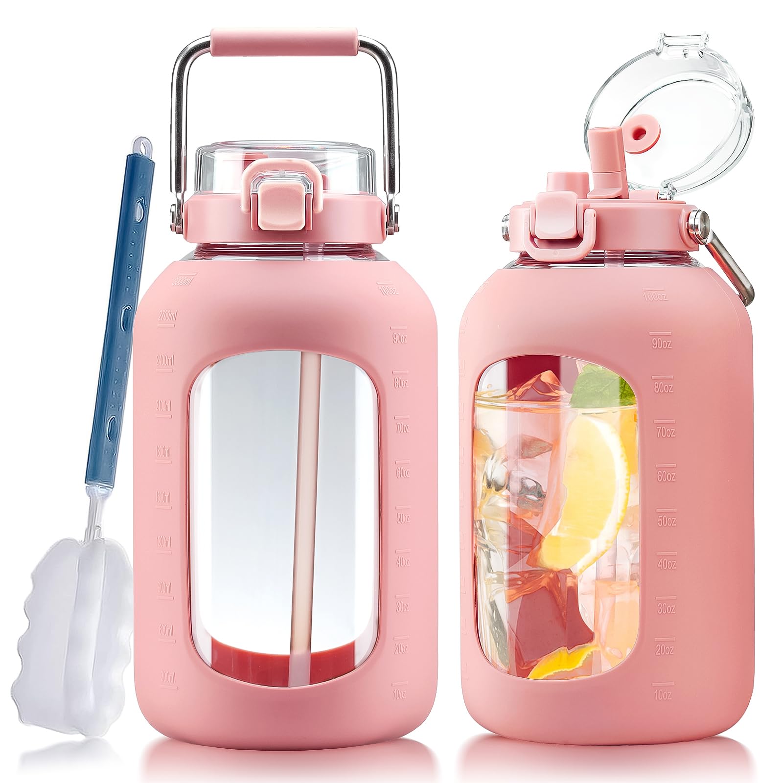 Amazon.com: WINSA Large Glass Water Bottles with Stainless Steel Handle,100  oz Gallon Drinking Bottle with 2-in-1 Straw Lid,3 Liter Glass Water Jug  with Silicone Sleeve,Wide Mouth,Pink : Sports & Outdoors