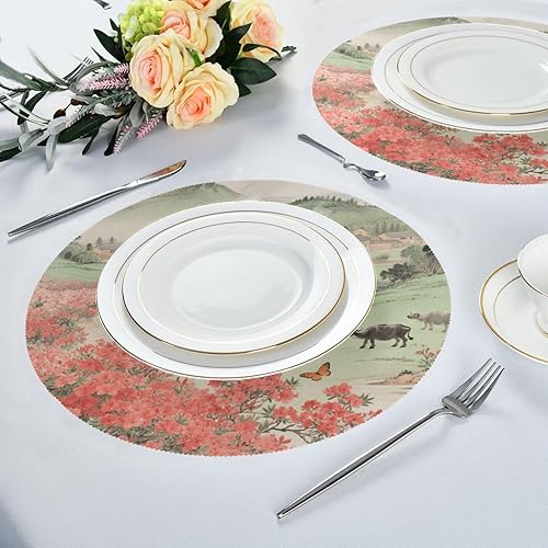 Miniatura 6 de Chinese Style Green Field Red Flower Round Outdoor placemats Dinner Reusable placemat manteles redondos para mesa 15.4x15.4in Set of 6