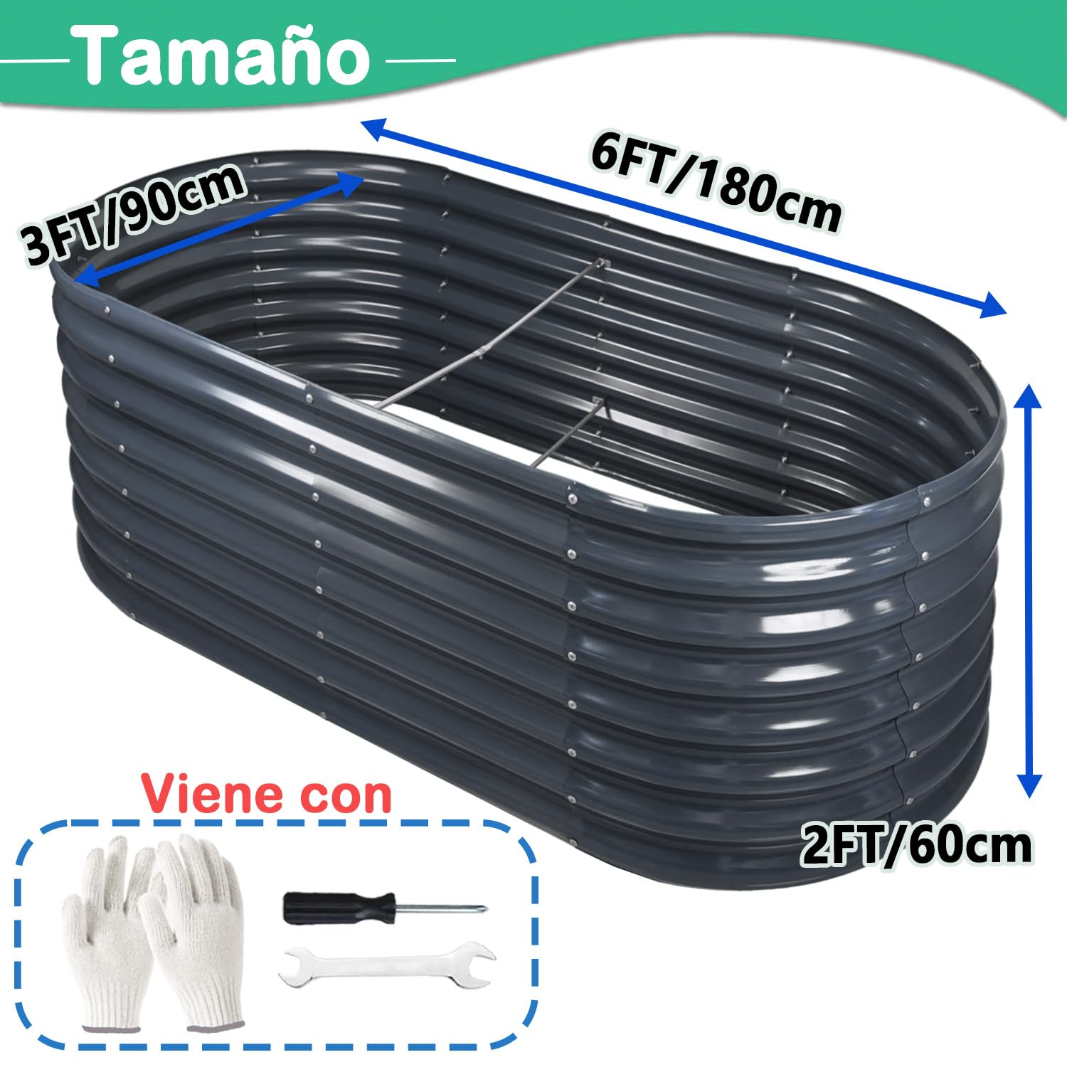 Cama de jardín elevada de 6 x 3 x 2 pies, cajas galvanizadas para exteriores, maceta de jardín para verduras, flores, hierbas (180 x 90 x 60 cm, gris)