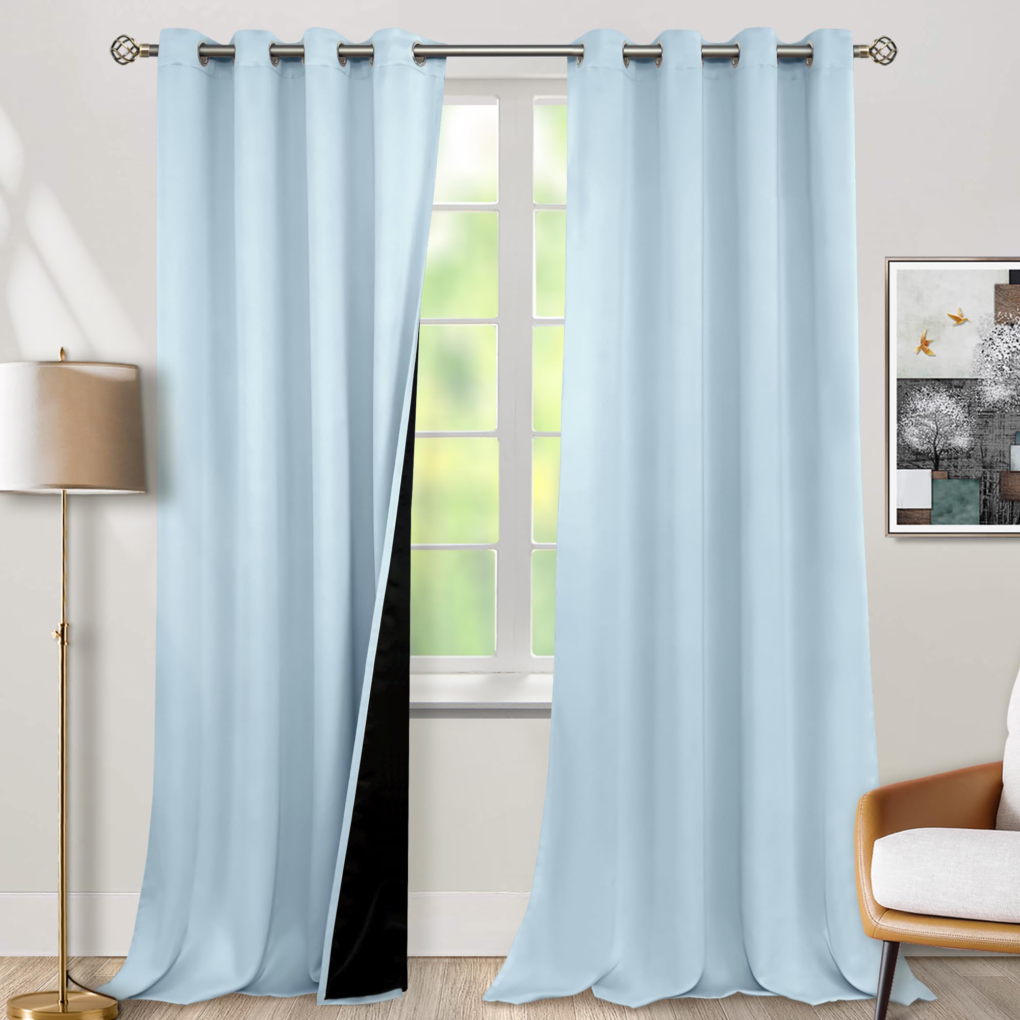 BGment Baby Blue 100% Blackout Curtains for Nursery Bedroom 90 Inch Length 2 Panels, Thermal Insulated Full Light Blocking Grommet Noise Cancelling