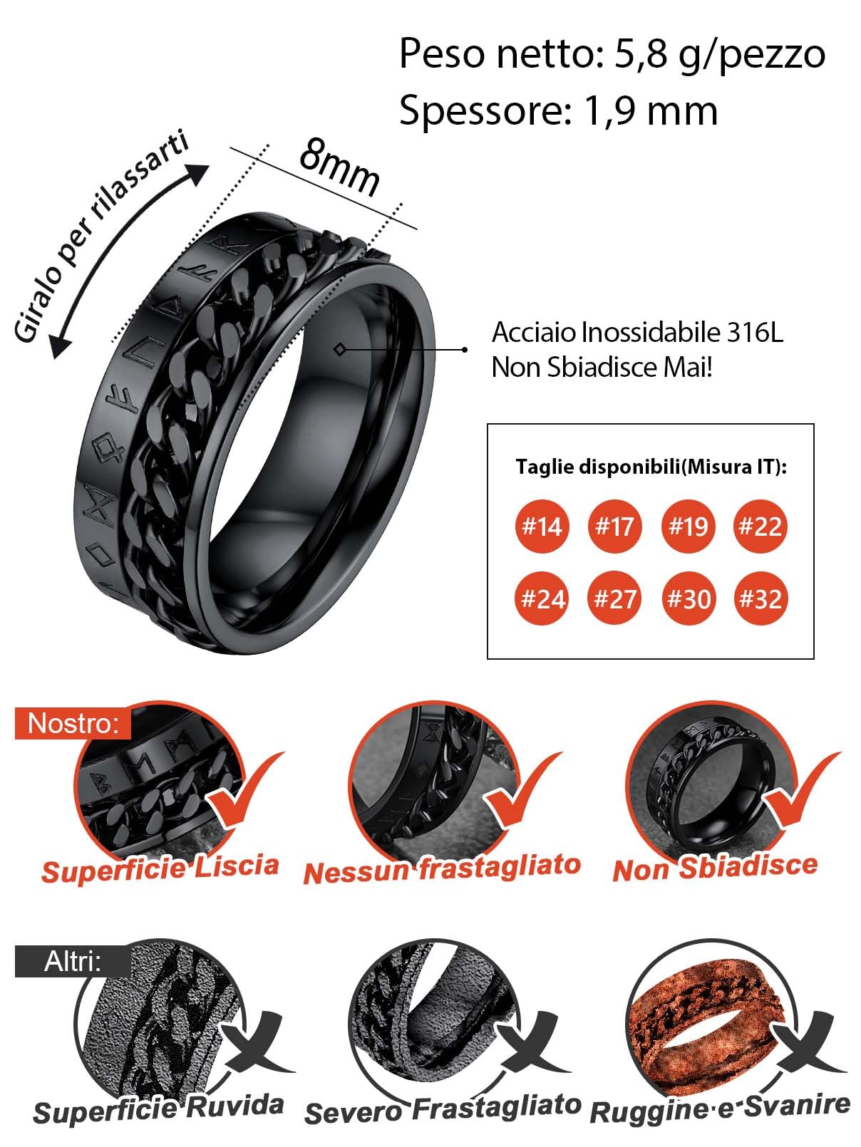 FaithHeart Anti-stress Anello Vichingo a Catena Ruotabile Ansiolitico Anello Uomo Runa Anello Personalizzabile Nome Inciso Data Inciso Anello Punk Hip-pop Taglia IT 14-32