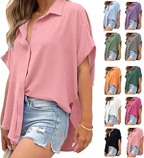Validityto - Camisa casual de manga corta con botones para mujer, con dobladillo y abertura, color liso, cuello en V y botones para mujer