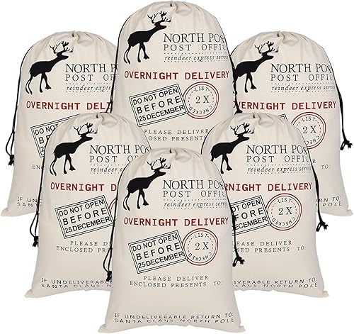Inspireyee Paquete de 6 bolsas de Navidad grandes de Papá Noel, lona de Navidad, de algodón, con cordones (patrón 6, 19.5 x 27.5)