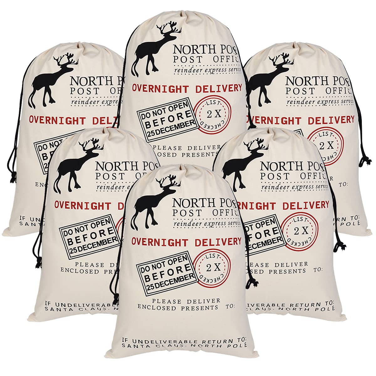 Inspireyee6 Pack Large Christmas Bag Santa Sacks Xmas Canvas Cotton Xmas Sack Stocking with Drawstrings (Pattern 6, 19.5 X 27.5)