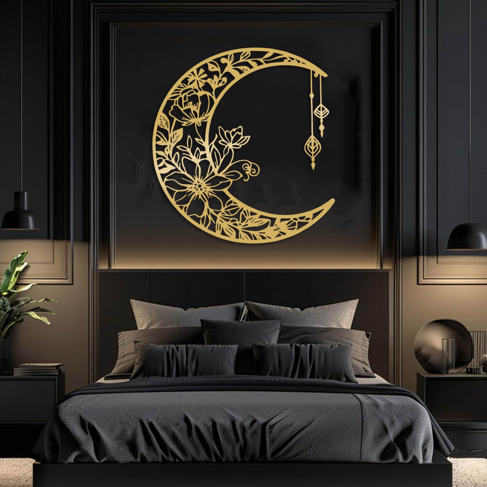 Decoración de Pared Moderna Minimalista de Metal con diseño de Luna Creciente Floral, Arte Floral, Estilo Bohemio Celestial, decoración Colgante de Naturaleza, decoración para Dormitorio (Dorado,