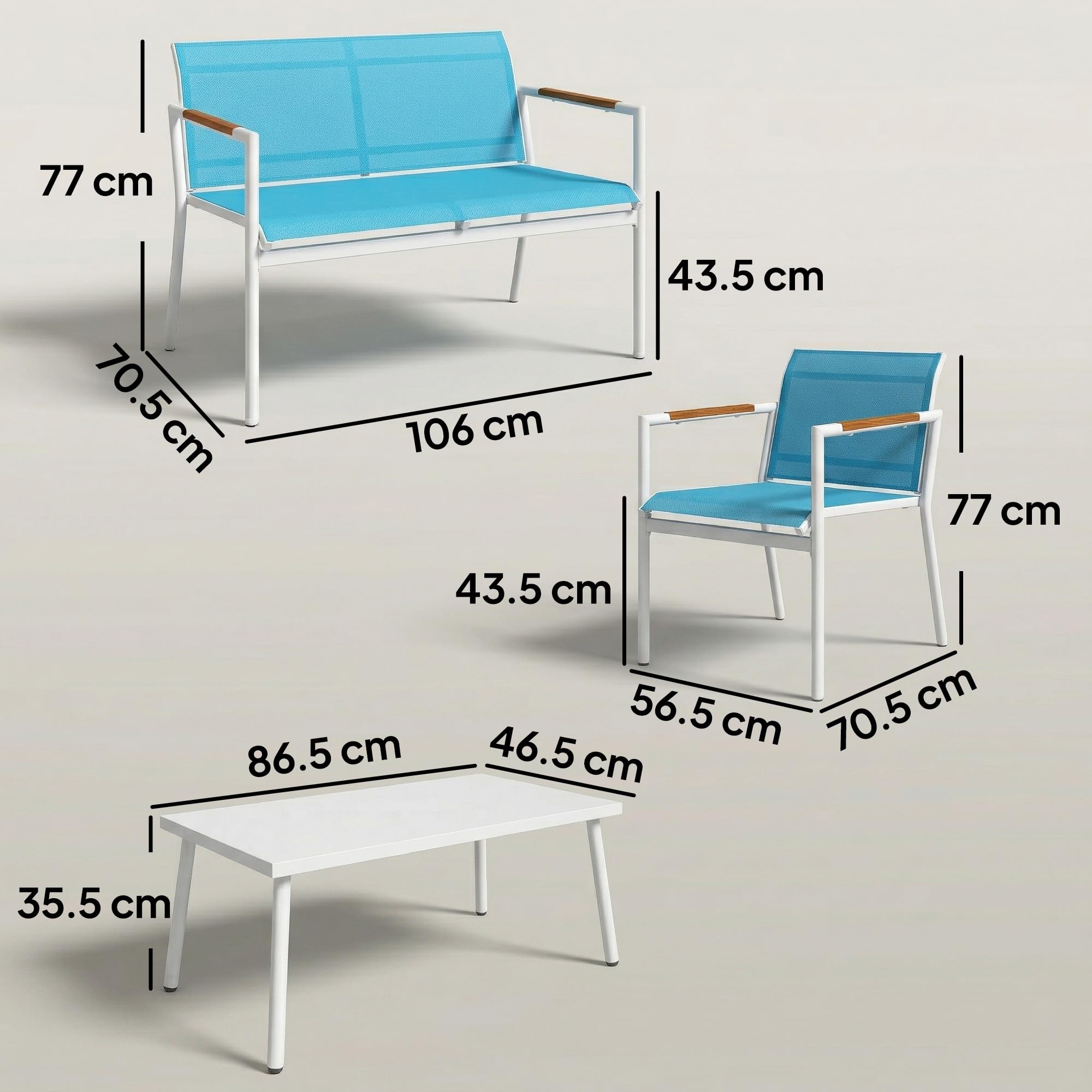 Outsunny Set Salotto da Giardino 4 Pezzi Salottino Esterno Blu | Texteline Traspirante, Divano 2 Posti, 2 Poltrone, Tavolino con Piano Metallo, Set Metallo per Patio