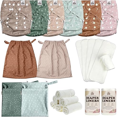 MK 3.0 - Pañales de tela para bebé con 6 inserciones, con forros Bboo, inserciones de 5 capas (paquete de 6), bolsas húmedas y forros para cubos.