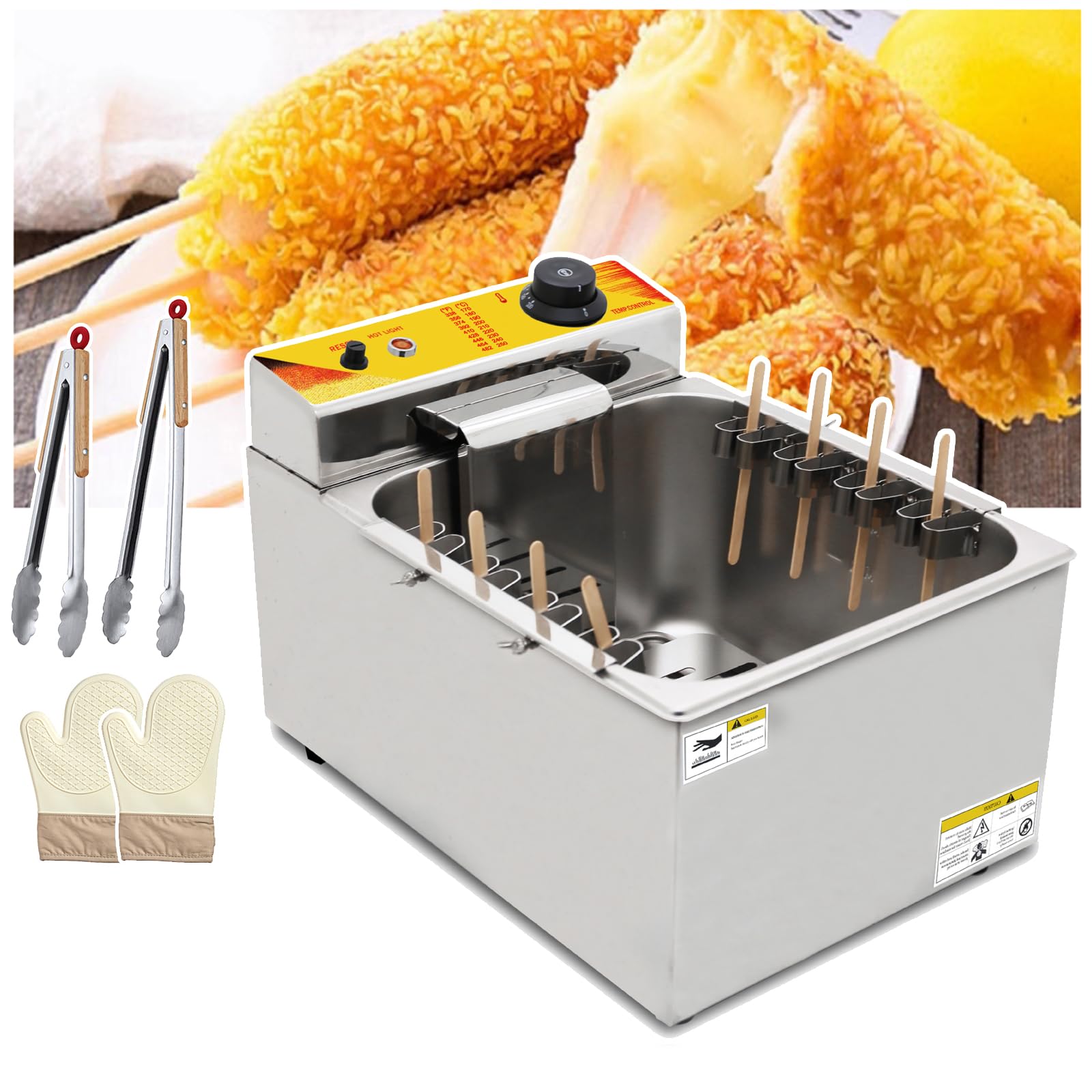 Commercial Electric Deep Fryer, Automatic Corn Dog Maker with Adjustable Temperature, Large Capacity Hot Dogs Machine with 8 Hooks, Stainless Steel