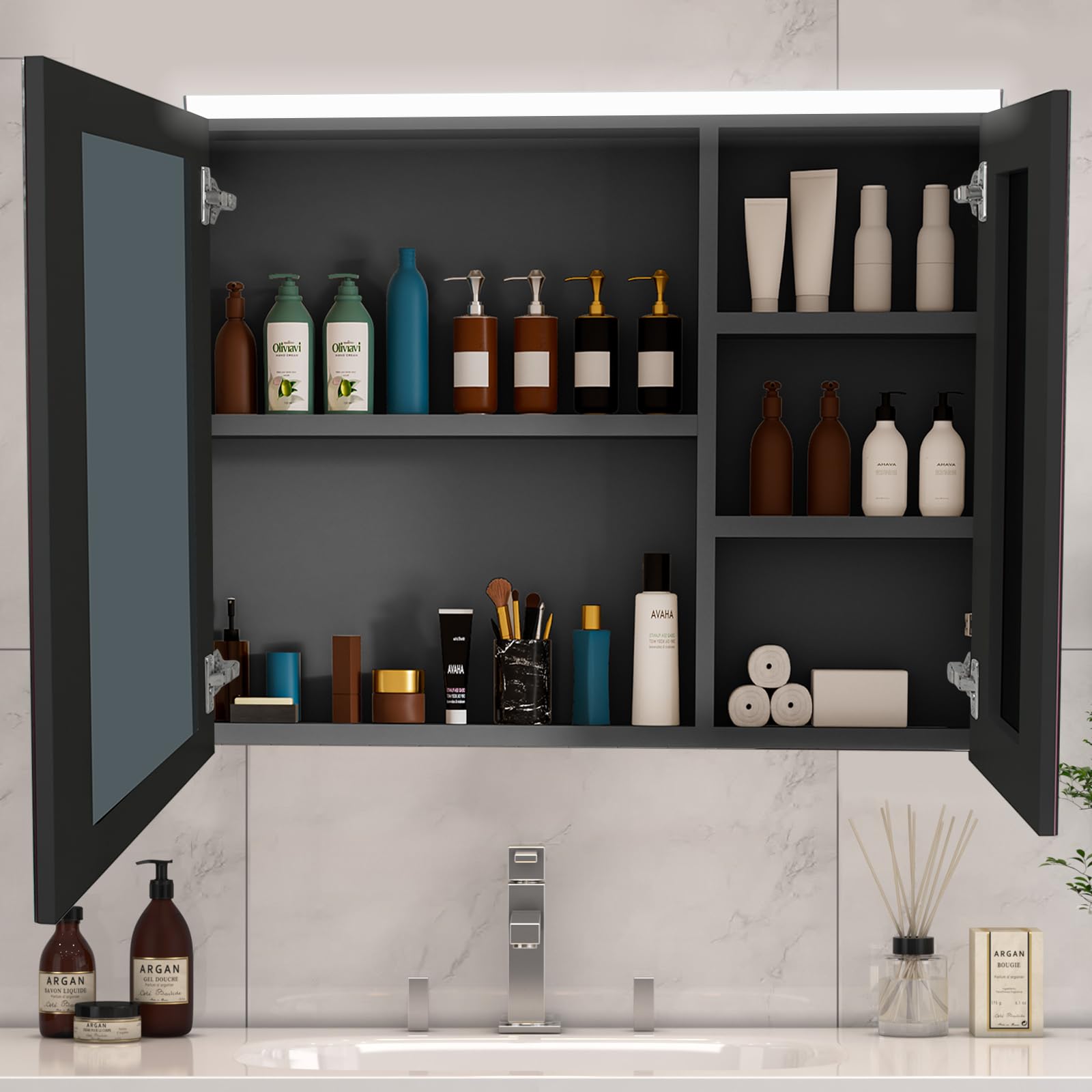 Armario con espejo de baño con iluminación LED, armario con espejo para baño con 5 estantes, interruptor táctil, armario de baño con espejo, 80 x 13 x 60 cm, color negro