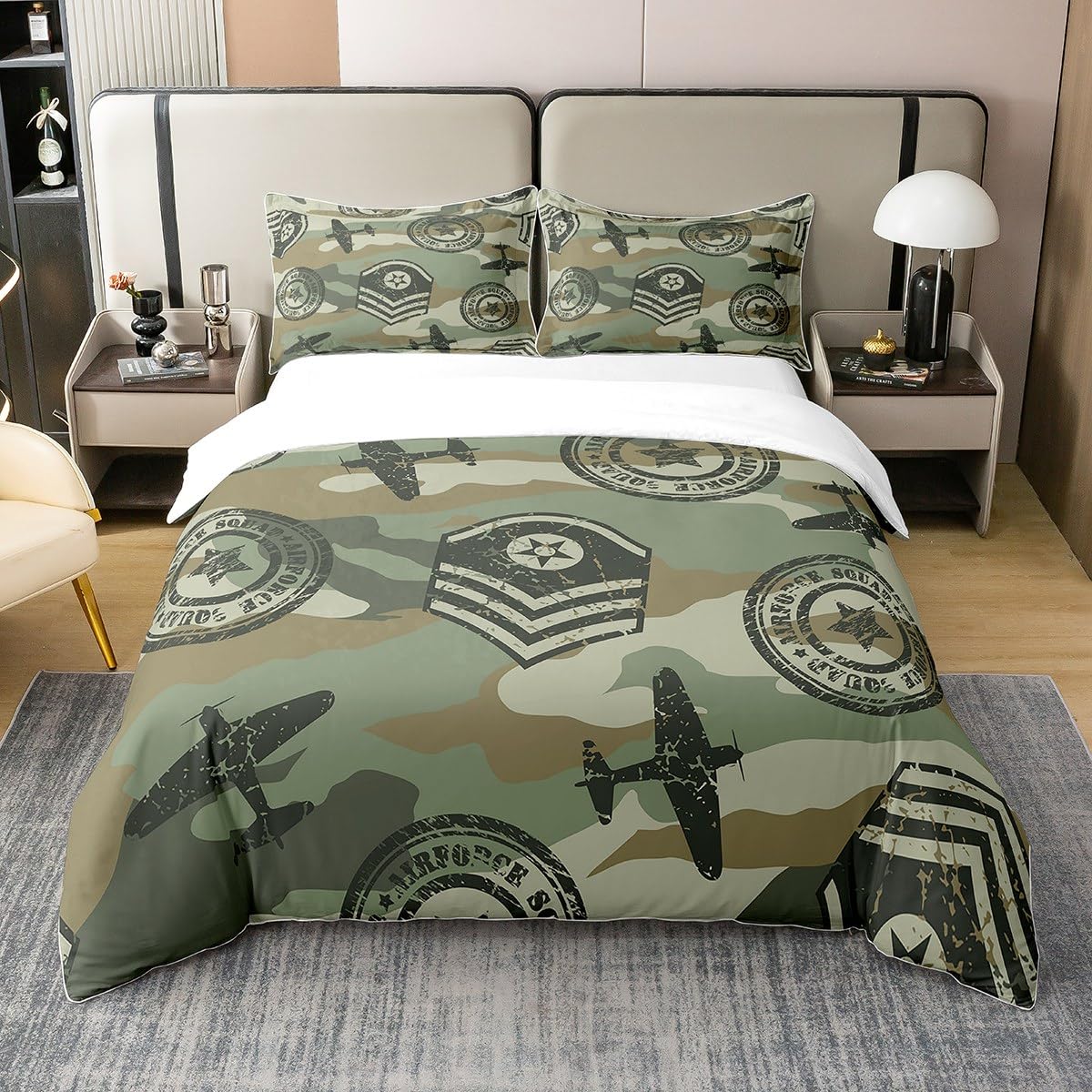 Loussiesd Kids Camo 100% Cotton Duvet Cover Camouflage Airplane Pattern Cover for Teens Boys Military Aircraft Bedding 100% Cotton Set 2 Pillow Shams King Size Zipper — image 1